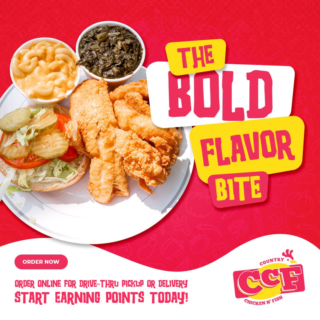 Big plate. Big flavor. 🍗🐟 From crispy chicken to golden fish, plus creamy mac and savory greens&mdash;this is how CCF does bold bites. 🔥