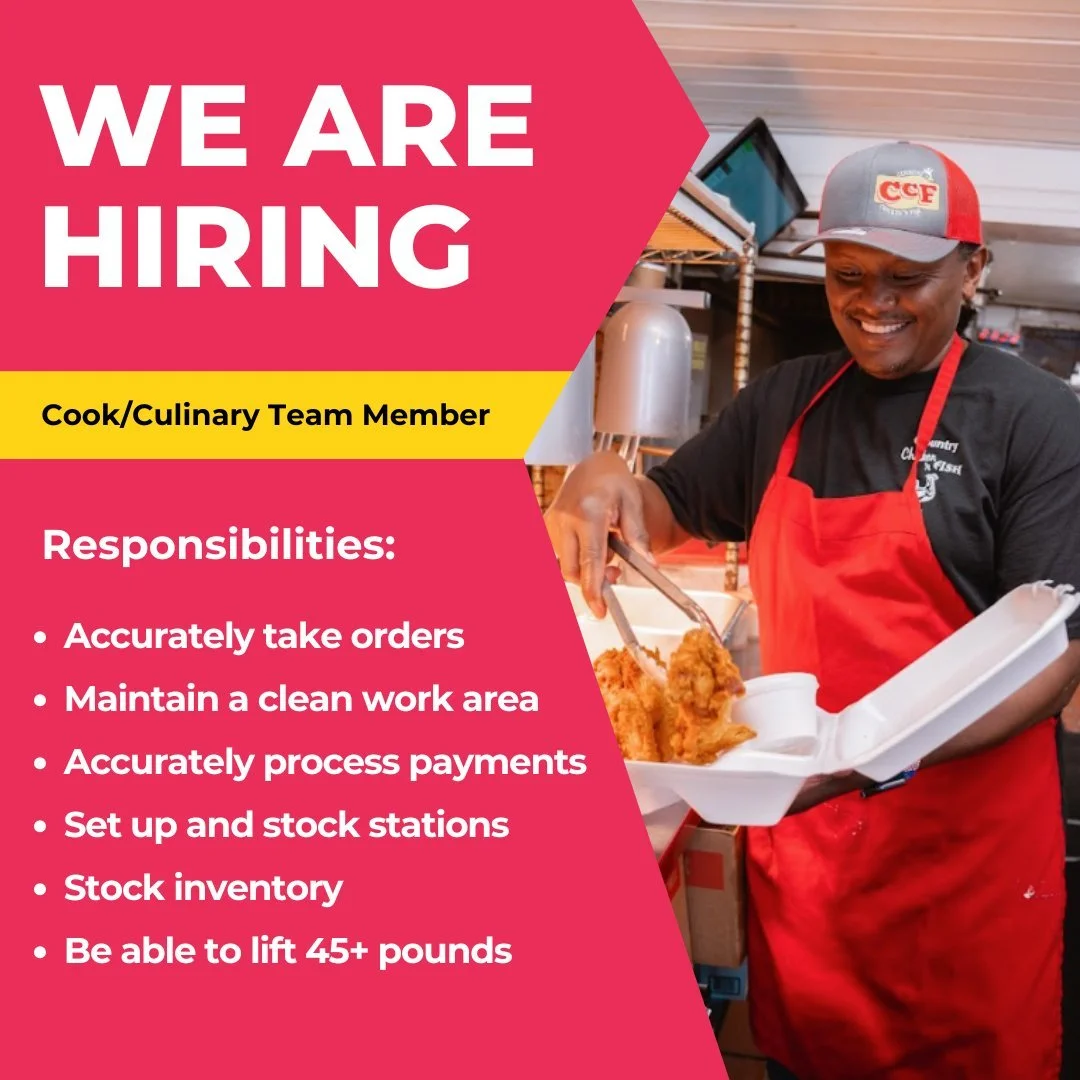 Caption:
🍗 Now Hiring &ndash; Cook/Culinary Team Member 🍗

Country Chicken &amp; Fish has been serving up Southern-style fried chicken, gizzards, fish, and corn fritters in Lakeland since 1983&mdash;and we&rsquo;re looking for a motivated, reliable