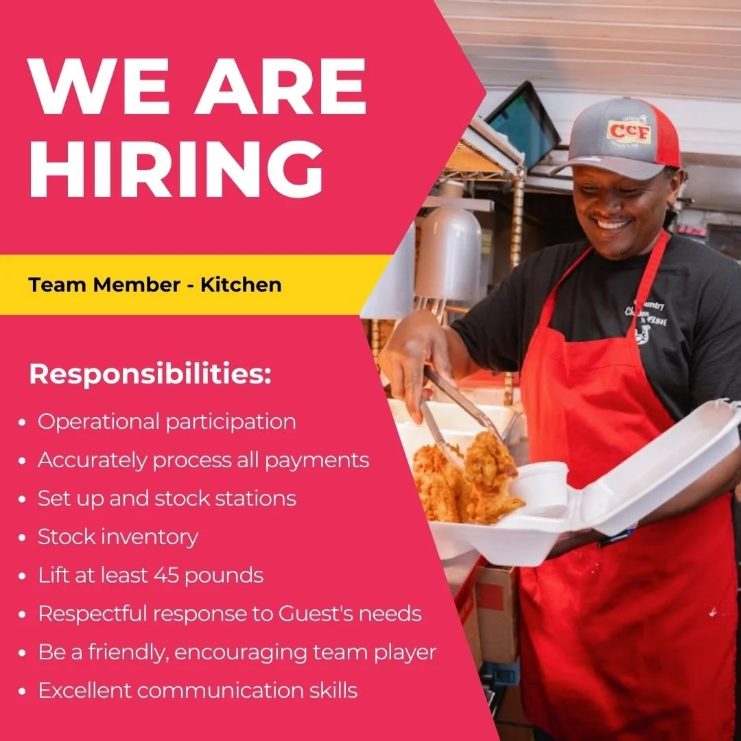 🍗Hiring a Back of House Team Member!🐟

Country Chicken N&rsquo; Fish is all about good food, great people, and lasting tradition. We&rsquo;re hiring a Team Member who is ready to work hard, have fun, and serve up Lakeland&rsquo;s favorite recipes!
