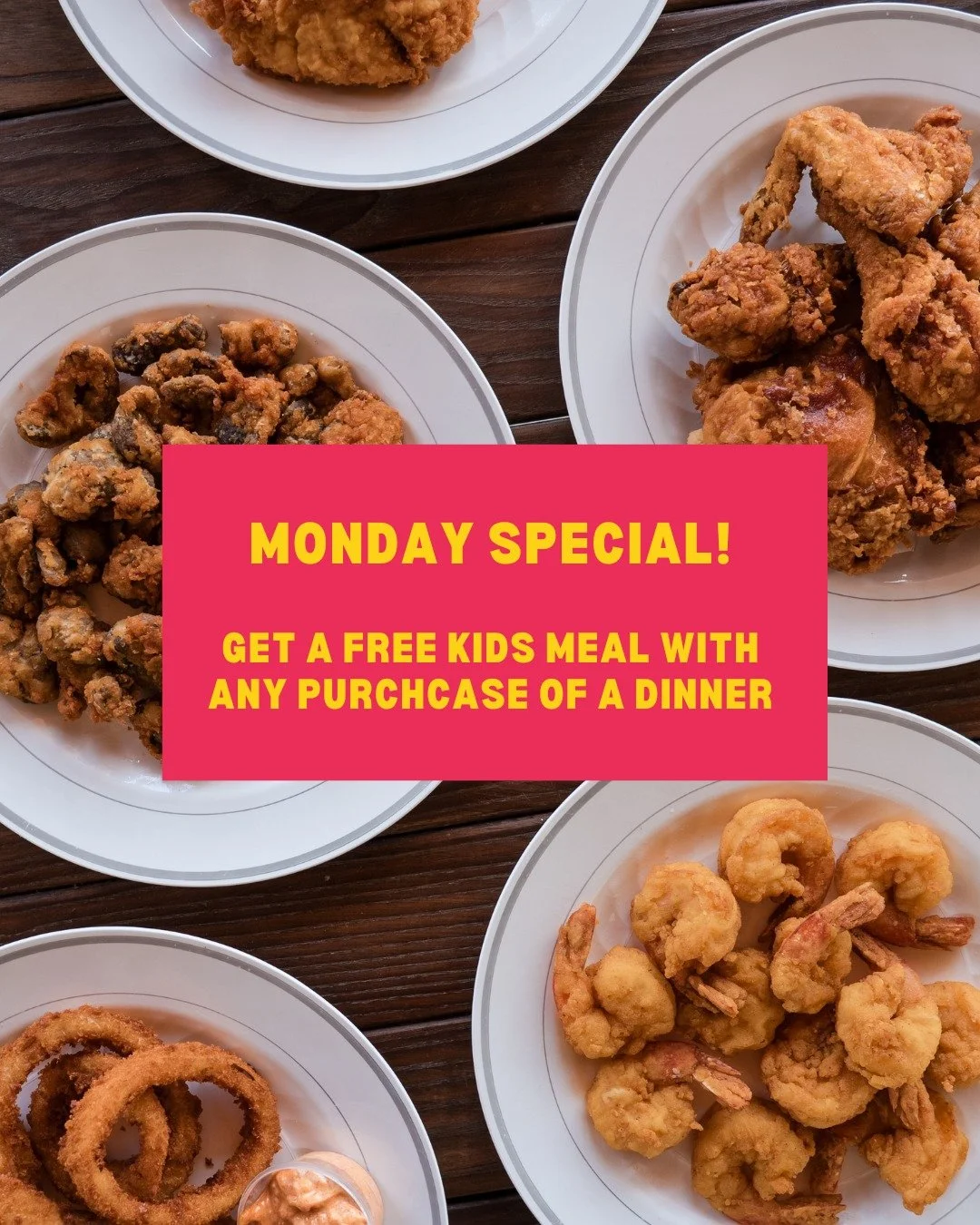 Monday's just got a lot better!🍗

Ordering any family dinner will now also get you a free kids meal on Mondays!