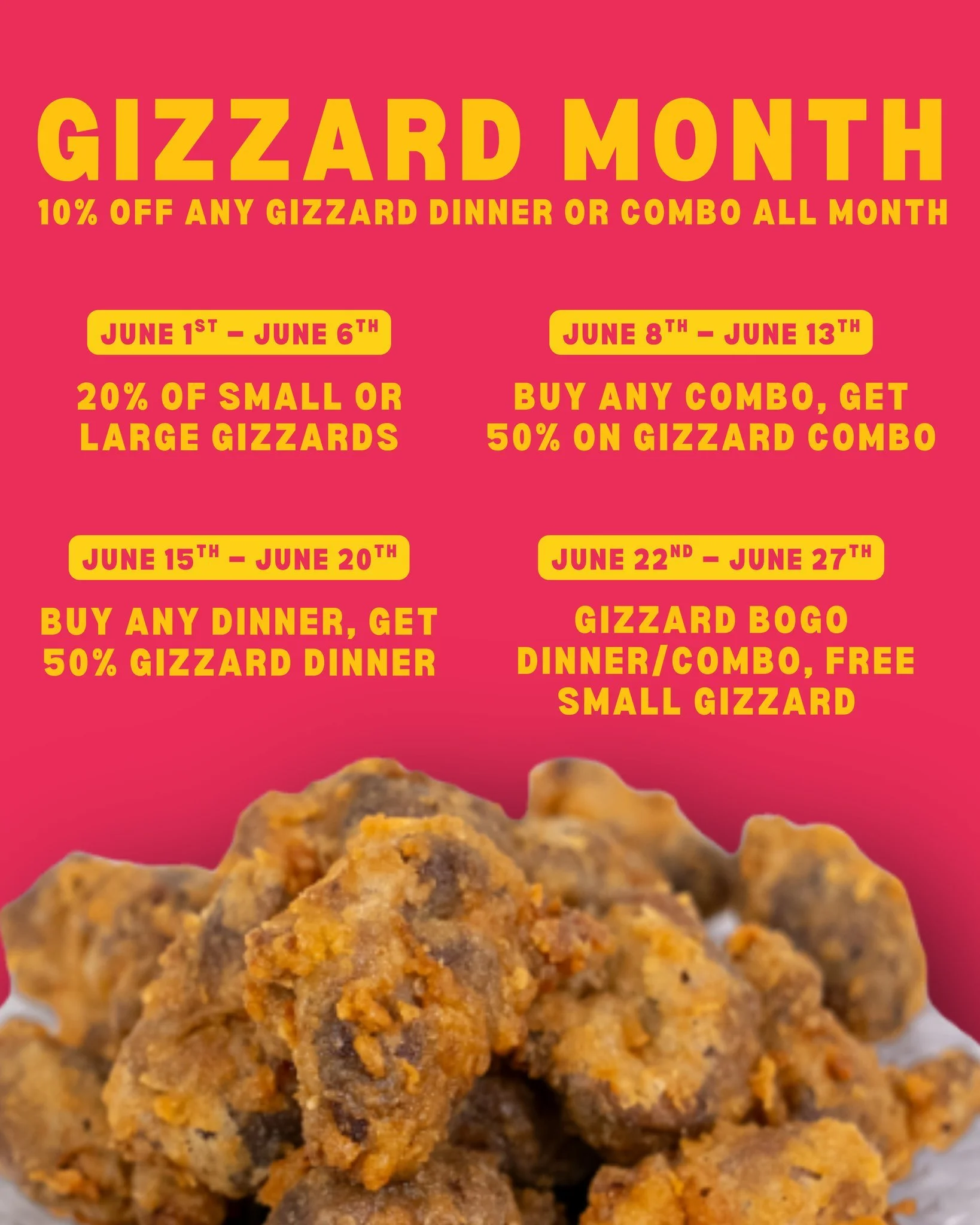 We're bringing Gizzard Month to Lakeland in June! 🎉 Join us all month long for special promos, events, and plenty of your favorite gizzards. Stay tuned for upcoming events and more reasons to get your gizzard on!