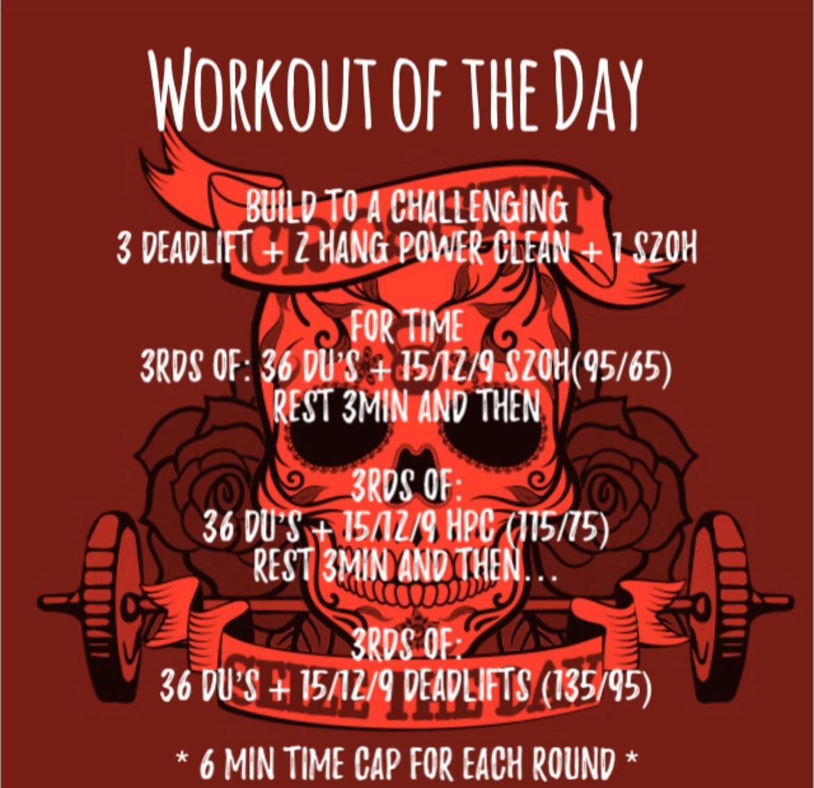 Saturday, April 27, 2024

Part 1 &ndash; build to a challenging complex of:
3 Deadlift + 2 Hang Power Clean + 1 SH 2 OH
....
Part 2 &ndash; against a running clock:
3 rounds of: 36 DU&rsquo;s 15/12/9 &nbsp;Shoulder to Overhead (95/65)  Rest 3min and 