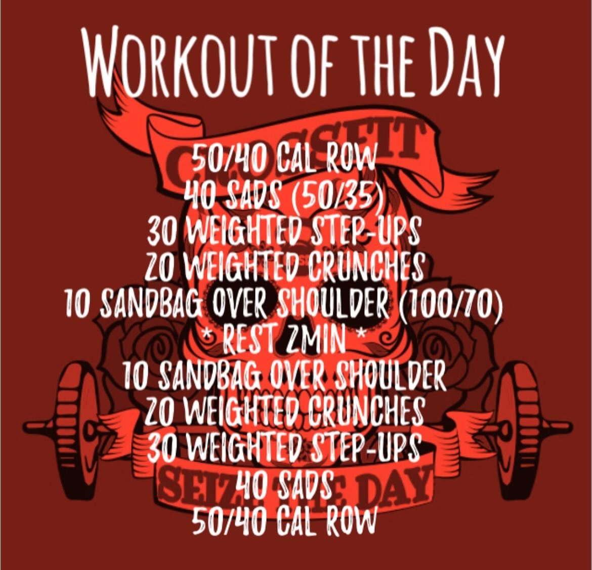Monday, May 6, 2024
50/40 cal row 40 SADS (50/35)
30 Weighted Step-ups
20 Weighted Crunches 10 Sandbag over Shoulder (100/70) * Rest 2min * 
10 Sandbag over Shoulder
20 Weighted Crunches
30 Weighted Step-ups
40 SADS
50/40 cal row