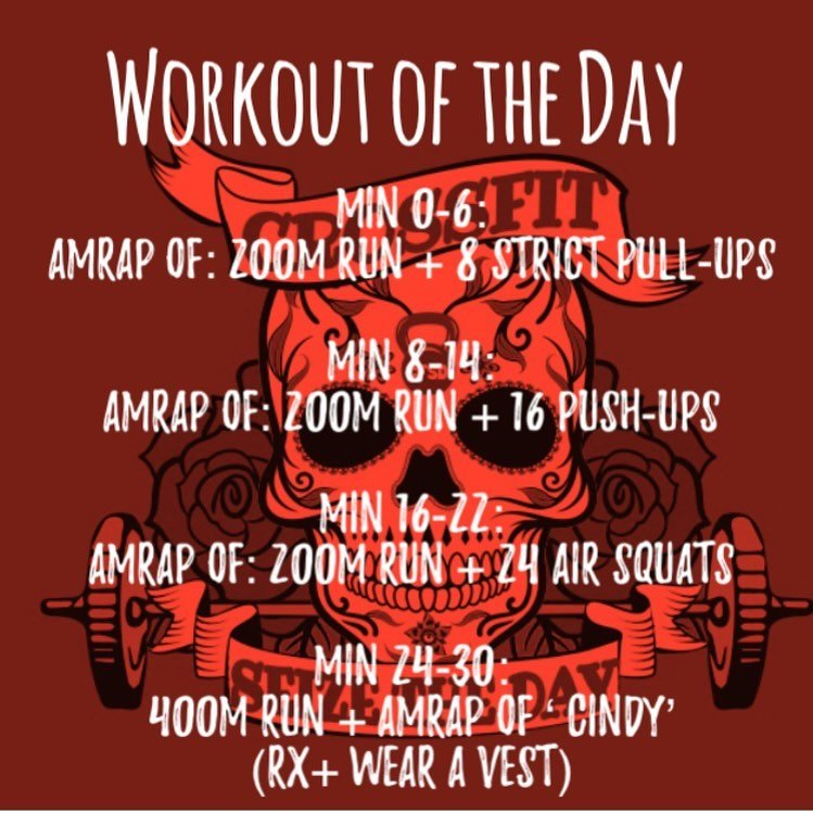 Tuesday, May 7, 2024

Min 0-6: amrap of: 200m Run + 8 Strict Pull-Ups
.
Min 8-14: amrap of: 200m Run + 16 Push-Ups
.
Min 16-22: amrap of: 200m Run + 24 Air Squats
.
Min 24-30: 400m run + amrap of &lsquo; Cindy&rsquo;

(Rx+ wear a vest)