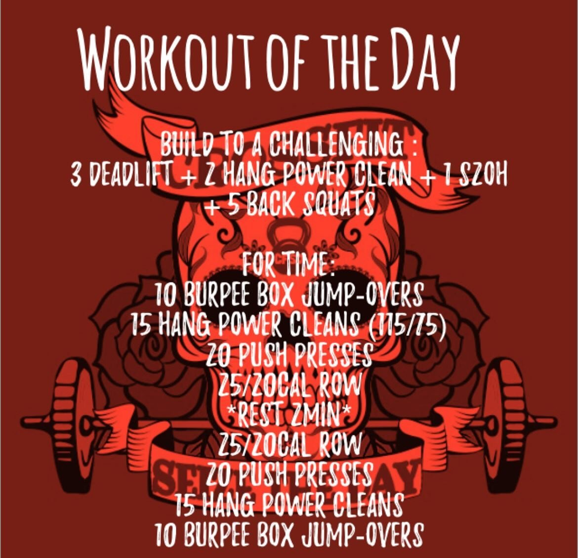 Wednesday, May 8, 2024
Build to a challenging : 
3 Deadlift + 2 Hang Power Clean + 1 S2OH + 5 Back Squats
&hellip;
Part 2 - For time:080323
10 Burpee Box Jump-overs
15 Hang Power Cleans (115/75)
20 Push Presses
25/20cal Row
*rest 3min*
25/20cal Row
2