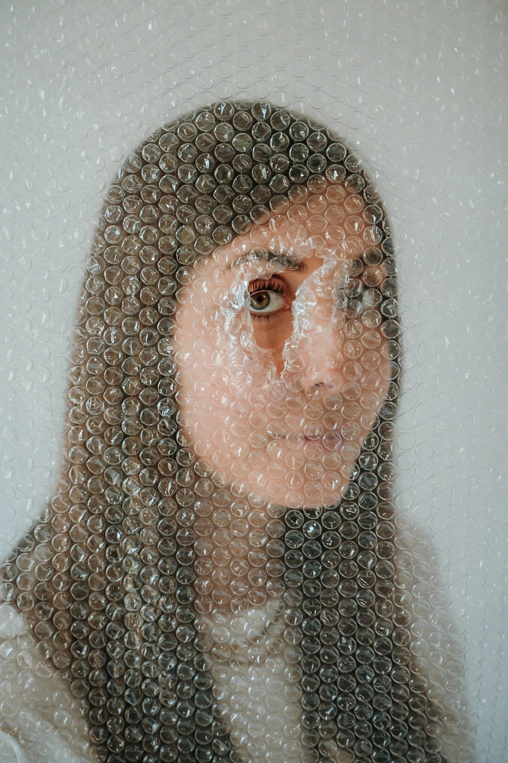 A person with brown hair and green eyes is seen through a sheet of bubble wrap.