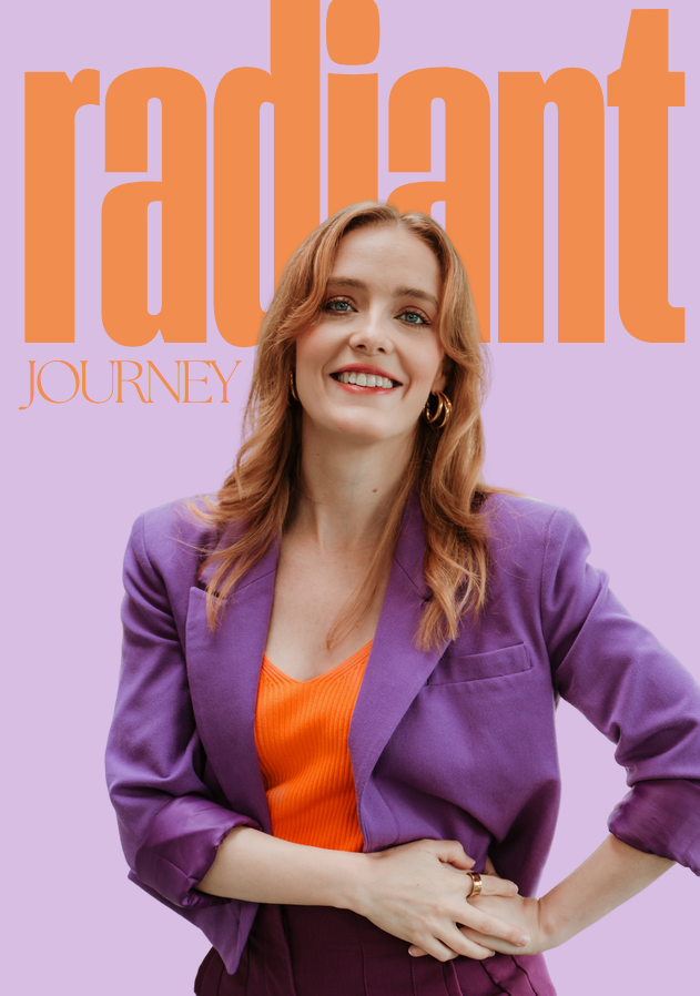 A woman with red hair smiling, wearing a purple blazer and orange top, standing in front of a lavender background with large orange text that reads 'radiant' and smaller text 'JOURNEY'.
