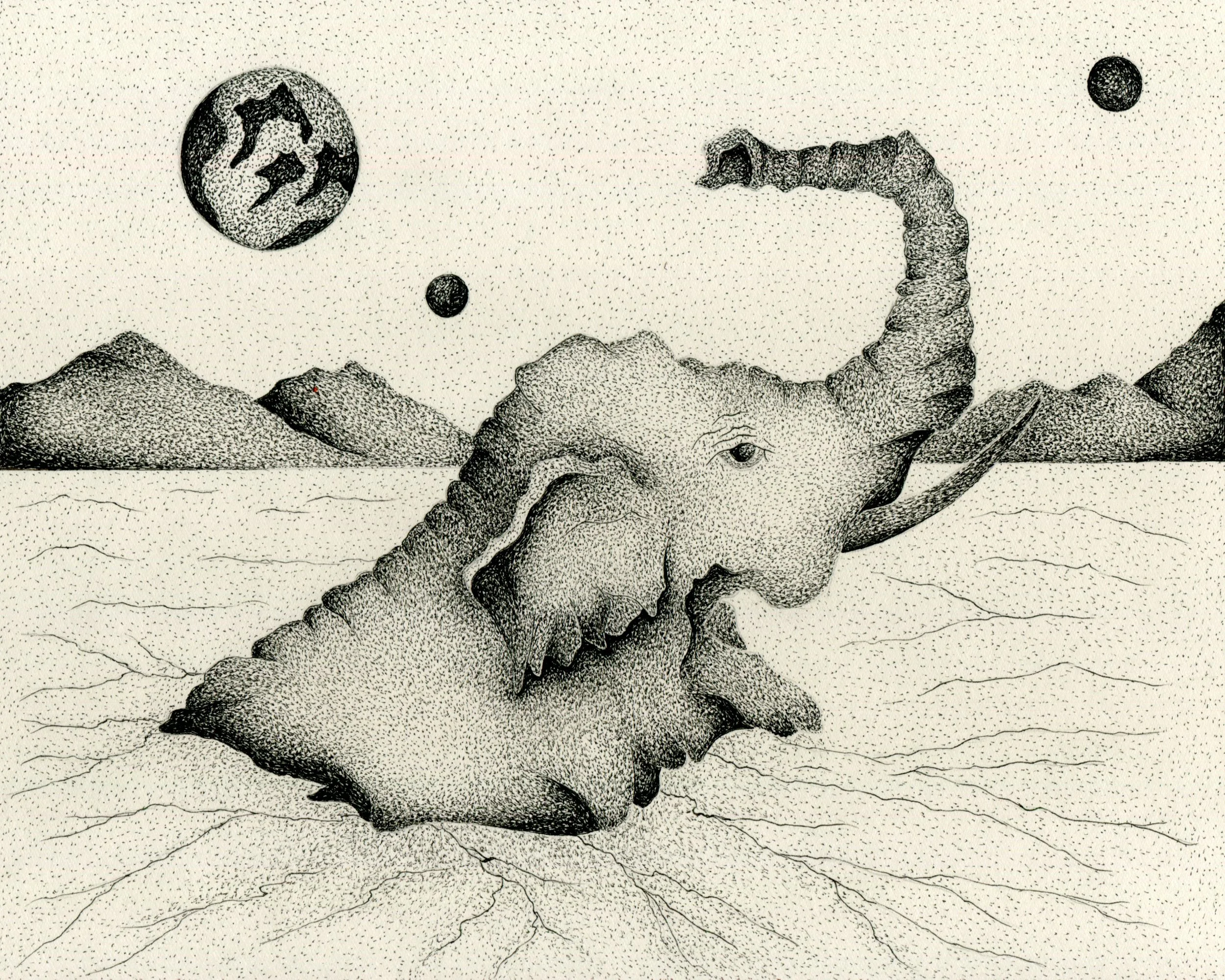 Pen and ink contemporary fine art by Doug Ashby. Pen and ink minimalist black and white  drawing. Elephant in water