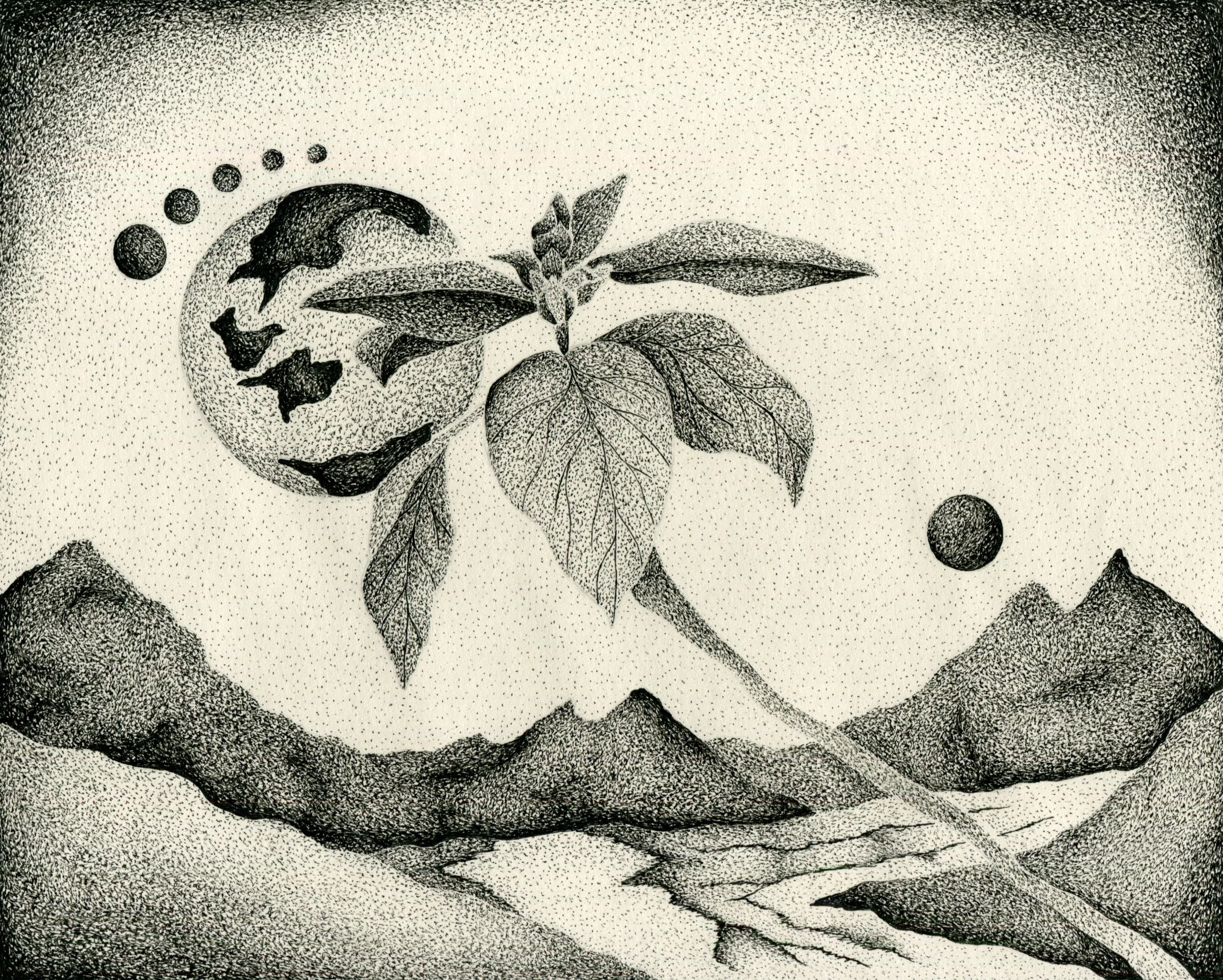 Pen and Ink fine art by Doug Ashby. Searching for solitude. Majestic surreal landscape in stunning black and white evoking a sense of minimalist mystery that keeps the viewer wondering and thinking.