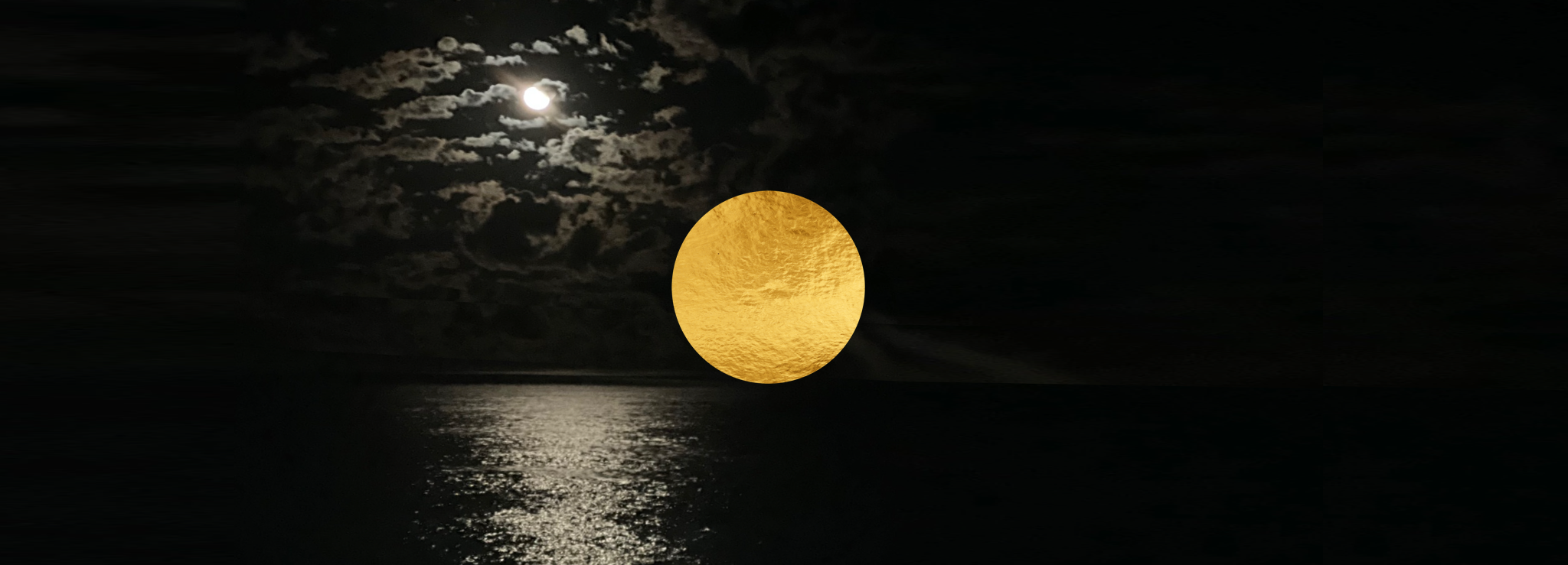 Nighttime scene showing a bright full moon partially covered by clouds and a large, illuminated golden egg-shaped object floating over the ocean, with reflection on the water.