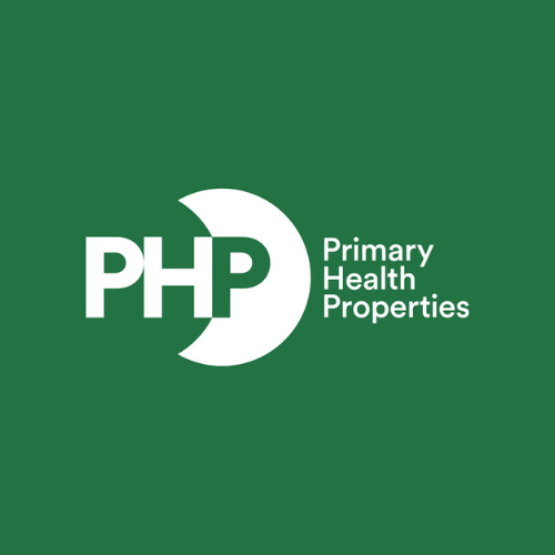 Green background with white logo and text for PHP Primary Health Properties.