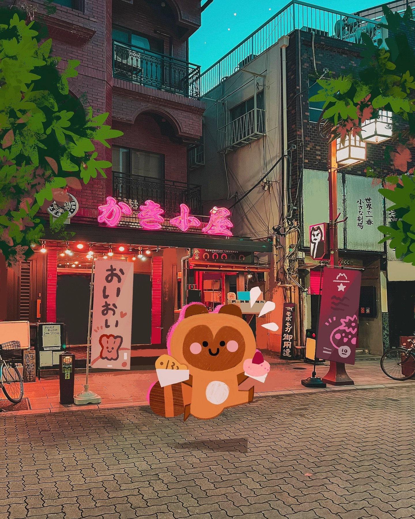 🦪🍘🍙🍣 Happi little Nuki running around, eating all the yummie streetfood ✨

It&lsquo;s time for a new drawing-photo mix! 😊🫰🏻

#illustration #kidlit # japan