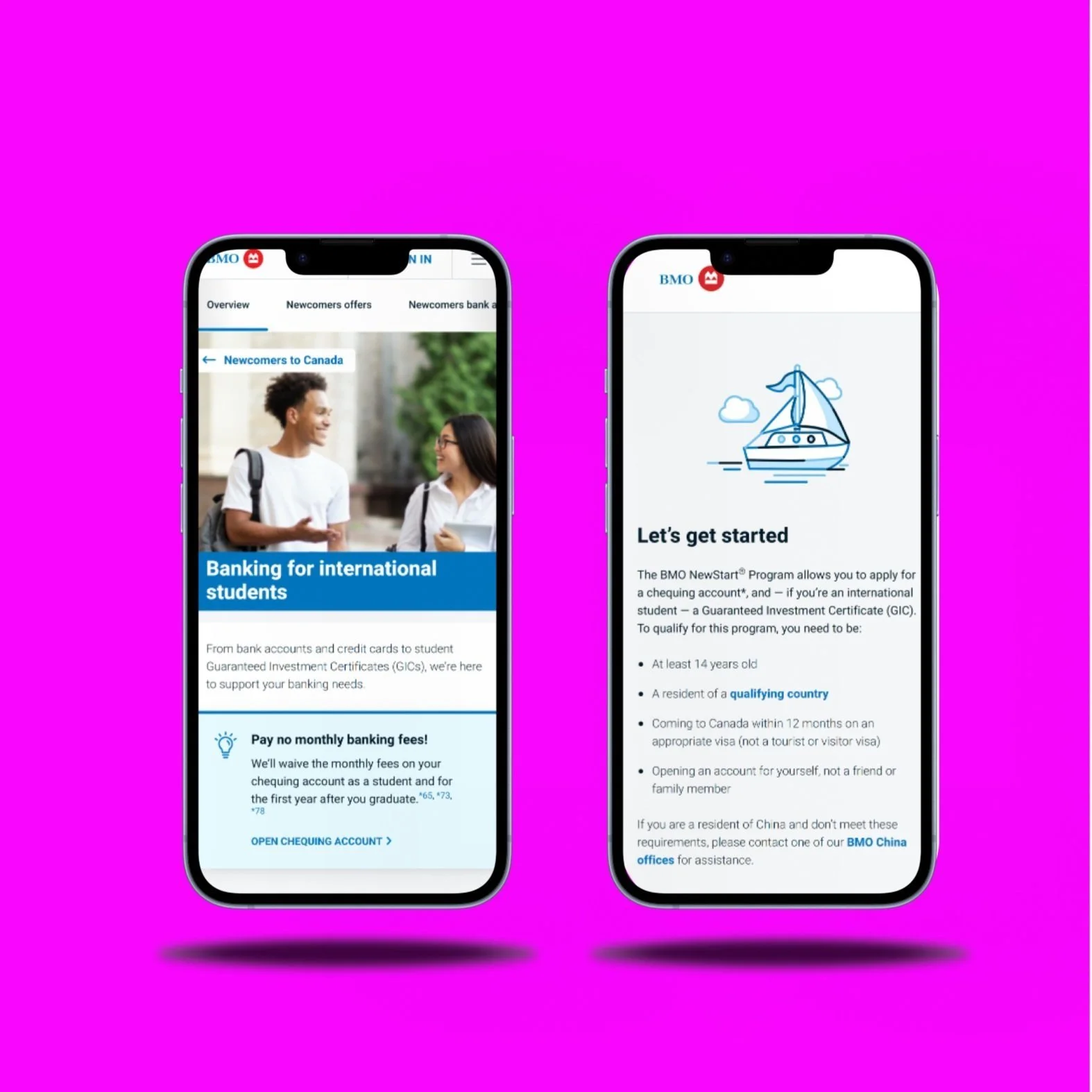 Two smartphones showing banking information pages against a pink background.