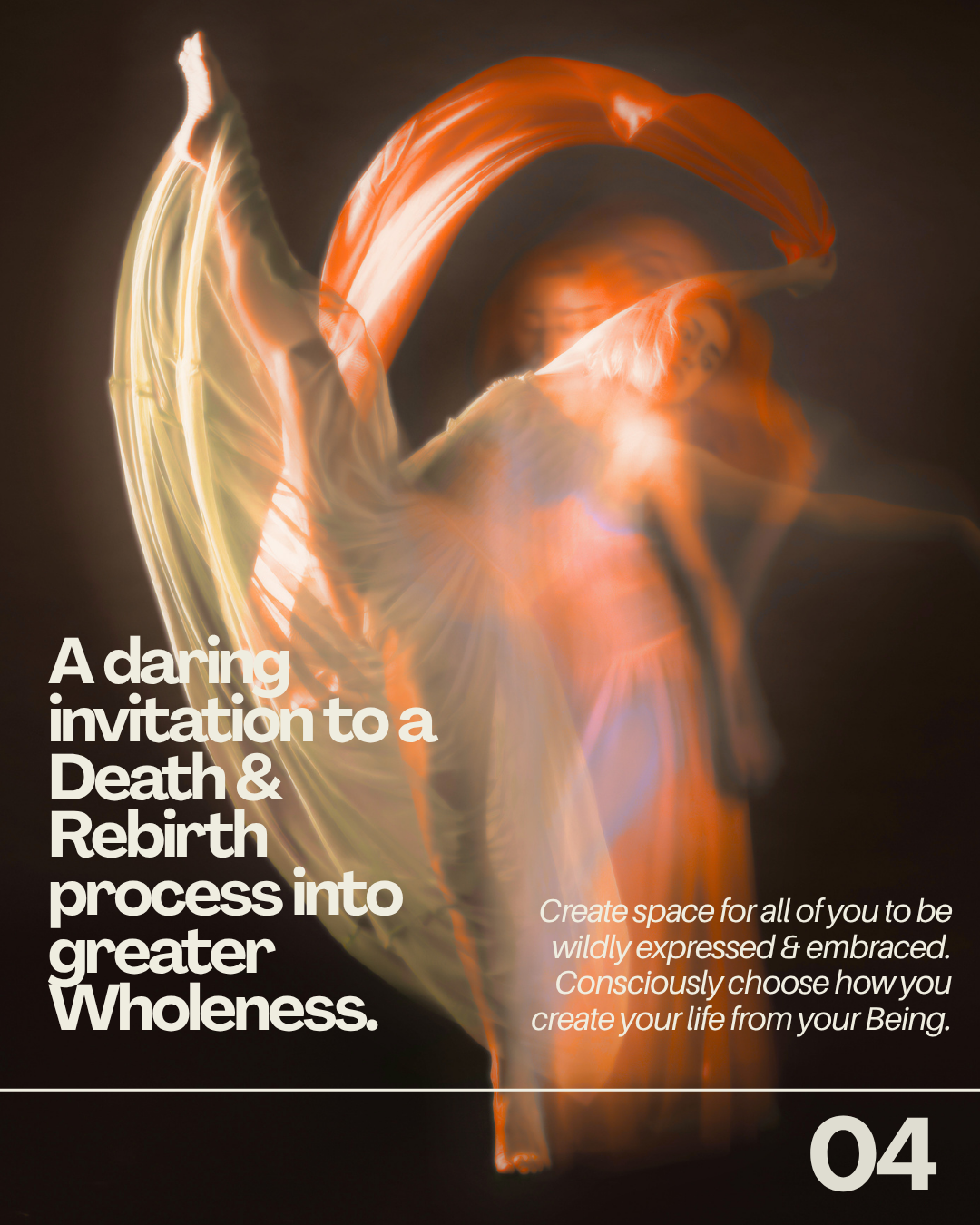 Abstract image of a human heart with swirling orange, yellow, and purple hues, layered with inspirational text about embracing death and rebirth for greater wholeness.