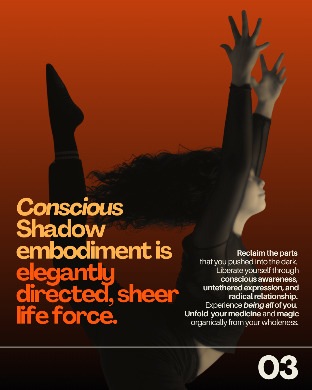 A woman with curly hair lying on her back, with arms and legs raised, against an orange background. Text overlaid on the image promotes conscious shadow embodiment and self-awareness.