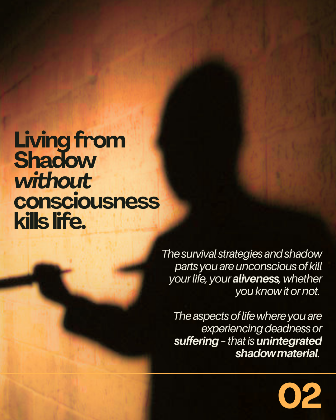 A side silhouette of a person holding a knife against a textured, reddish-orange wall with text overlay about living from shadow and unseen suffering.