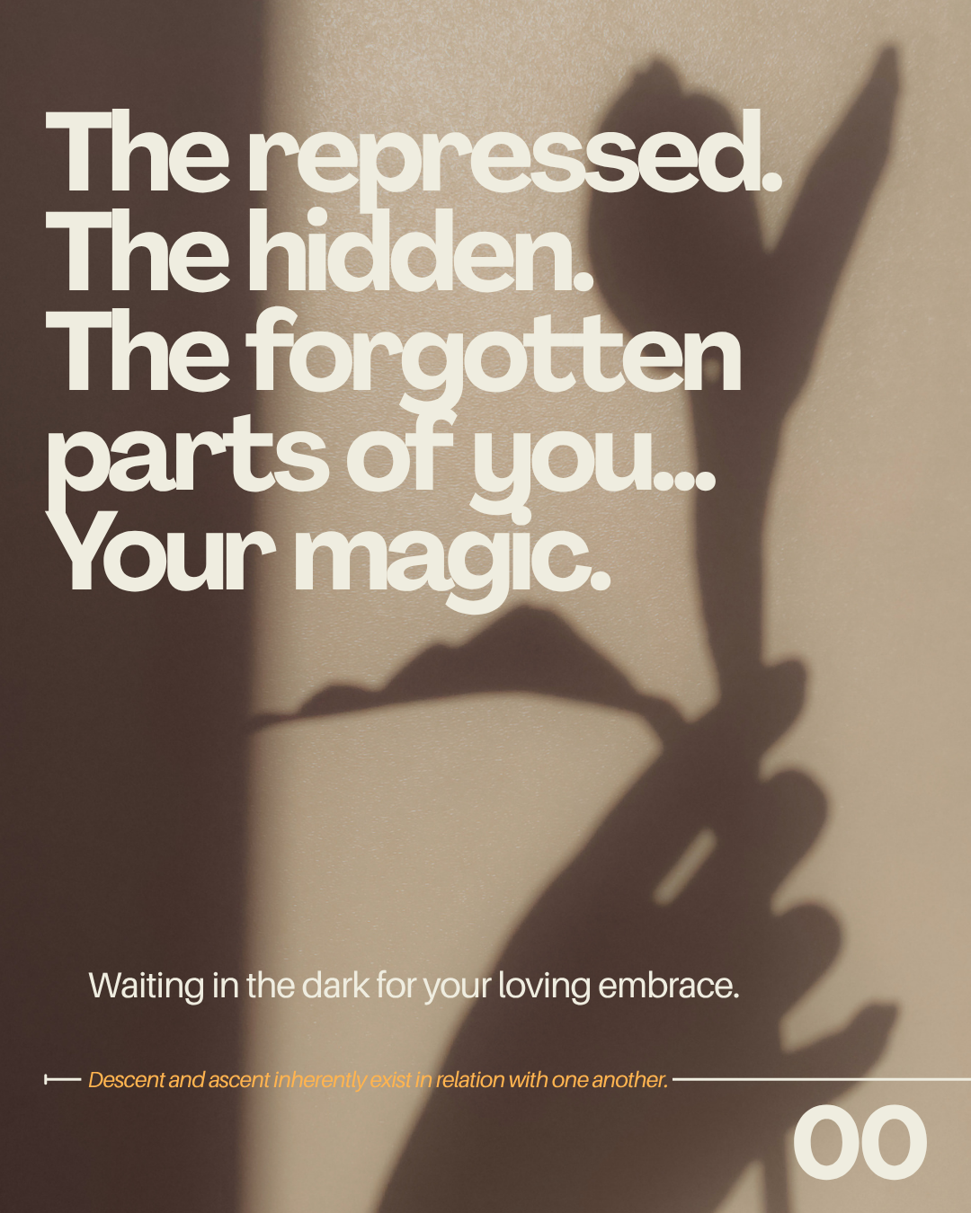 Shadow of a hand making an 'OK' gesture cast on a wall with large white text and some smaller text underneath. The background is neutral and softly lit.