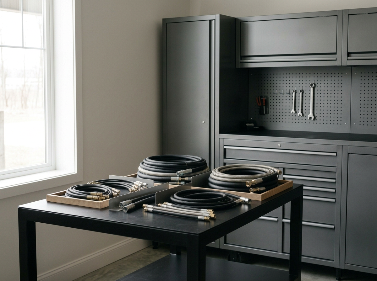 A workbench with coiled hydraulic hoses and a storage cabinet with drawers in a workshop or garage, with a window in the background.