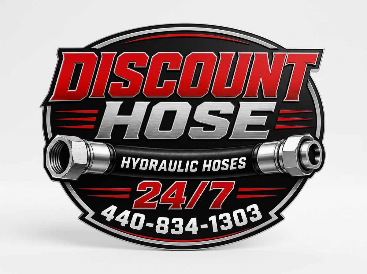 Logo for Discount Hose, a hydraulic hose service available 24/7, with a phone number 440-834-1303.
