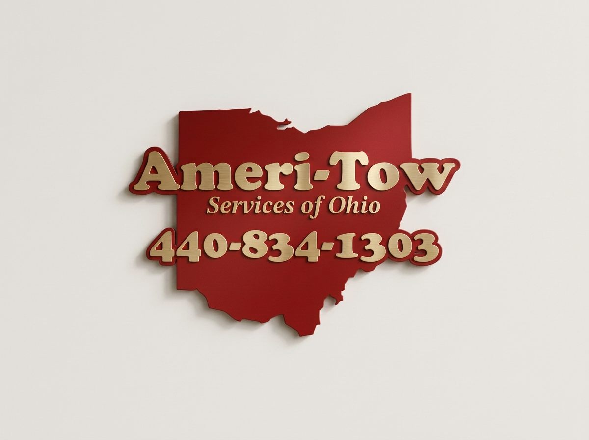 Red 3D sign with Ohio map outline, featuring bold gold text reading "Ameri-Tow Services of Ohio" and large phone number "440-834-1303" on a white wall.