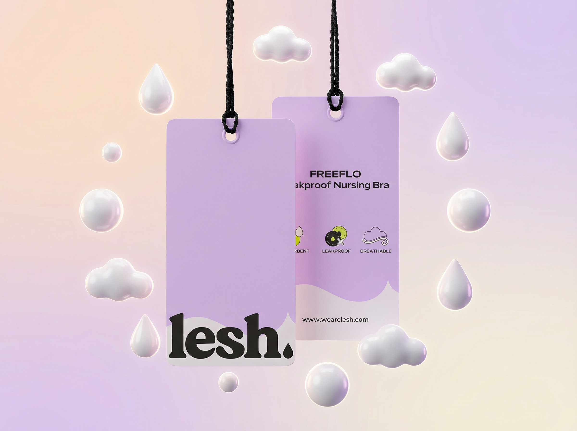 Purple package of a leakproof, breathable nursing bra hanging from black cords, surrounded by floating white cloud and water droplet shapes with a pastel gradient background.