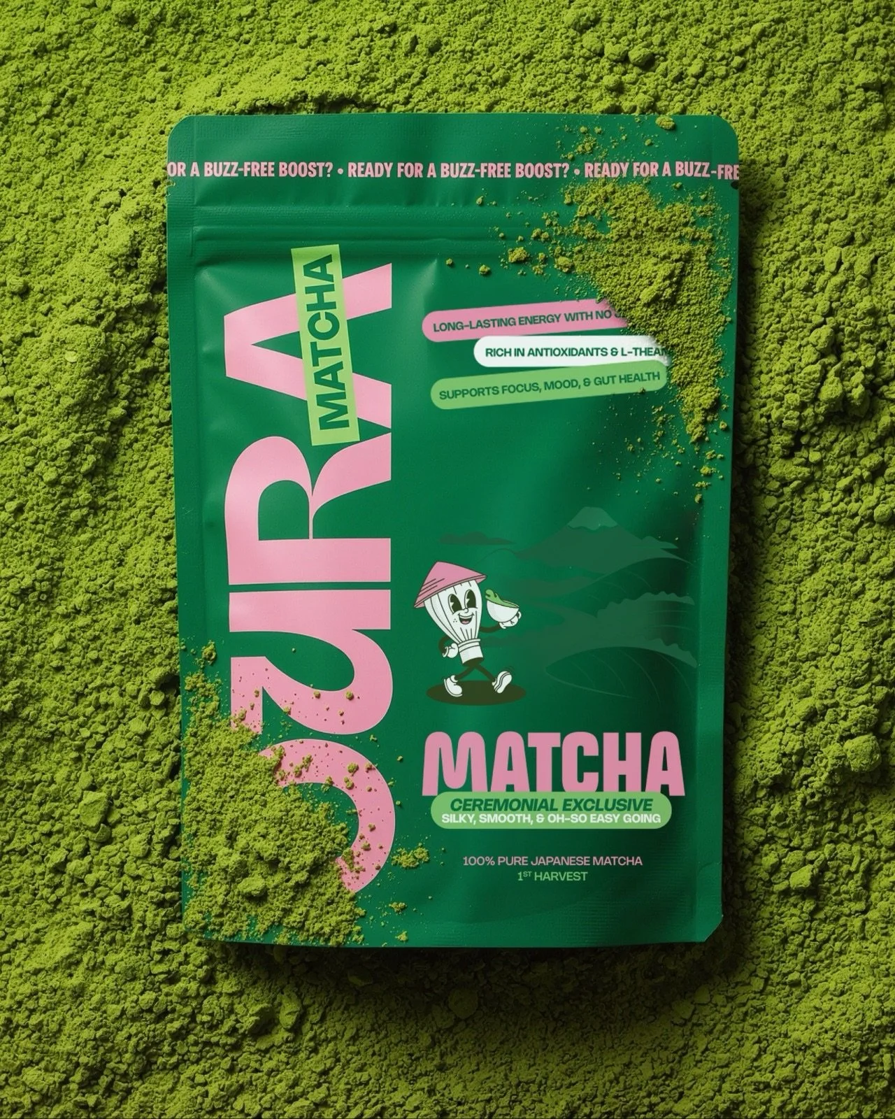 Oura Matcha, high-focus energy without the jitters 🍵

Oura came to me wanting to carve out their own space in the matcha world, moving away from quiet, traditional zen and towards something bold, playful and full of youthful energy. Together we crea