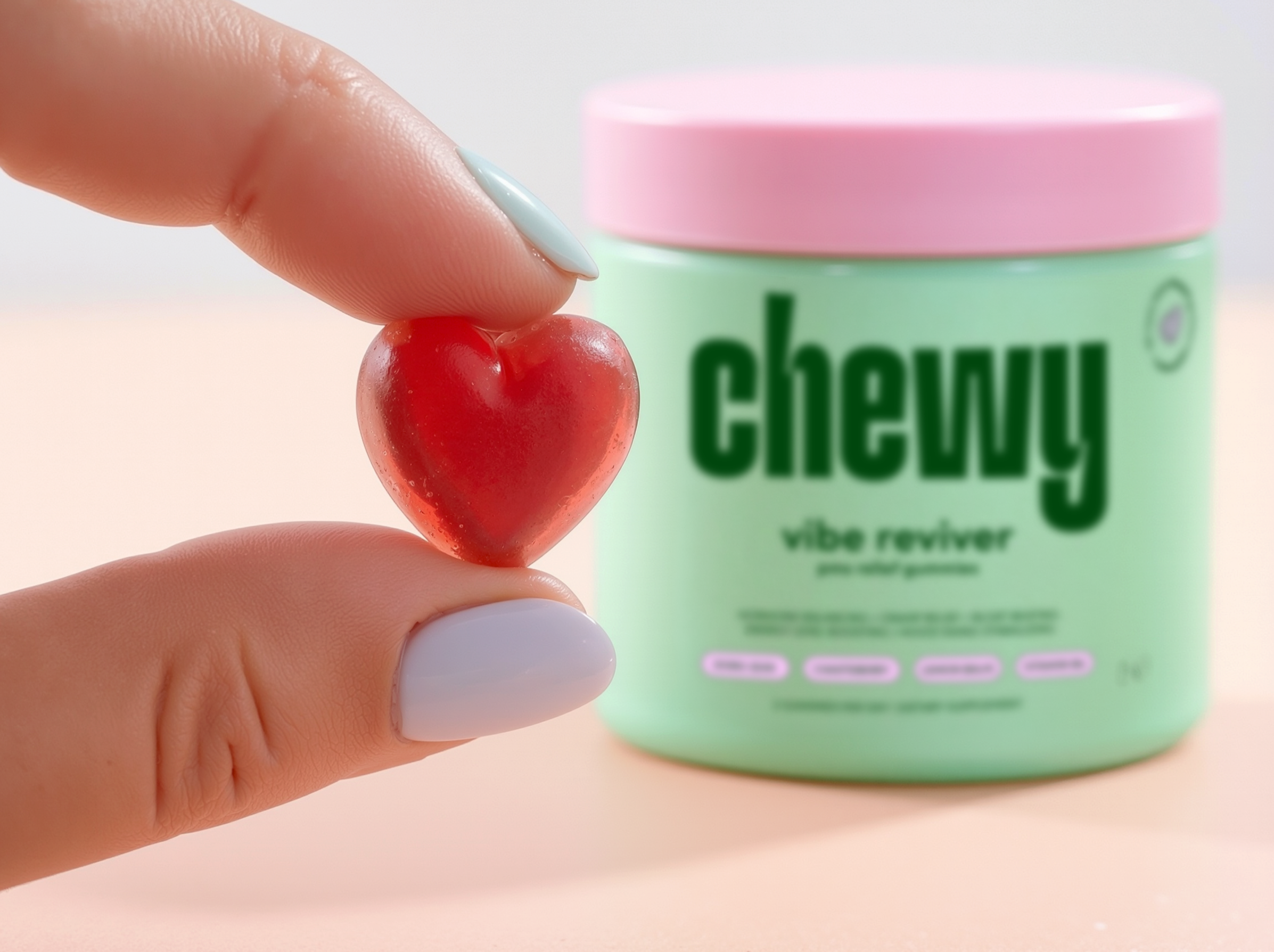 Close-up of a person's fingers holding a red gummy heart candy, with a container of candy in the background.