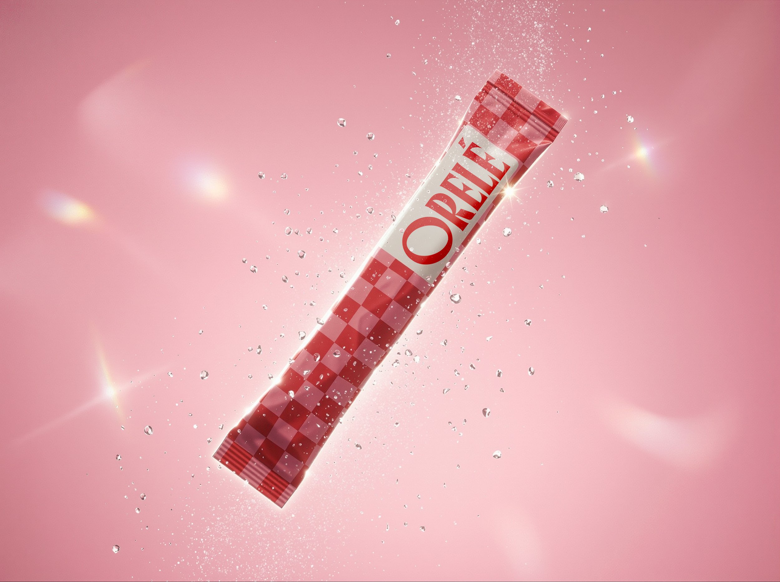 An Oreo cookie stick with a pink and red checkered pattern, surrounded by sprinkles and small water droplets, against a pink background.