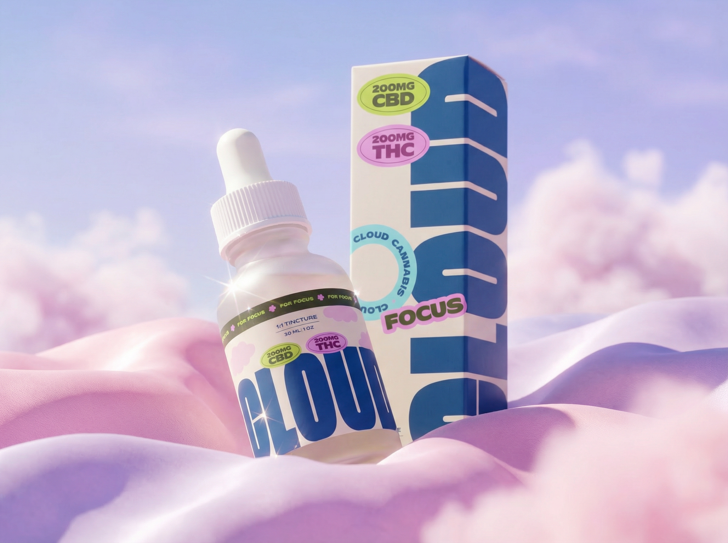 A box of cloud cannabis, a bottle of tincture, with labels indicating CBD and THC content, set against a pink cloud-like background.