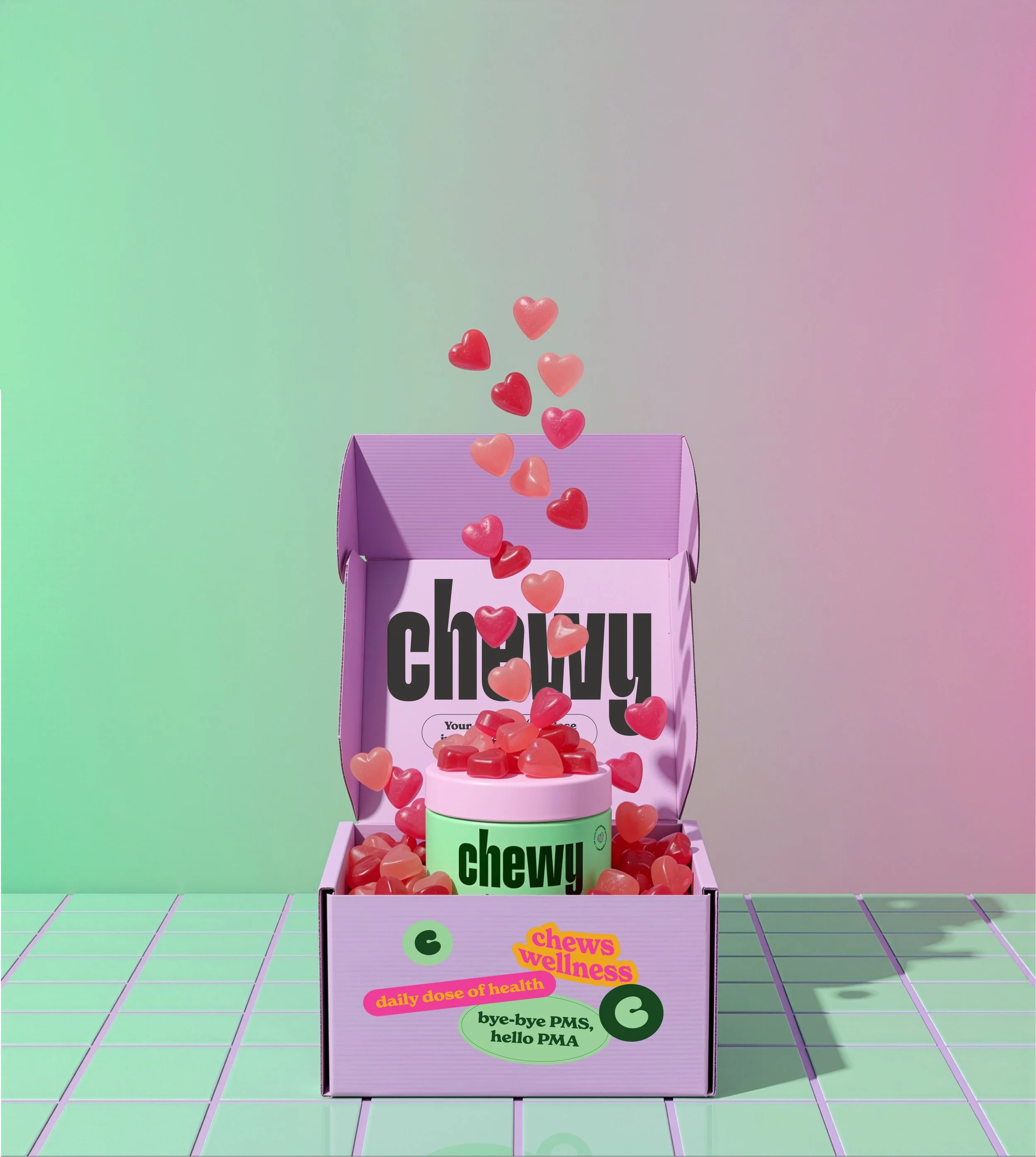 A display of heart-shaped candies spilling from a purple box with a pink interior and a light purple base. The candies are pink and red, and the display is set against a pastel gradient background with a turquoise tiled surface.