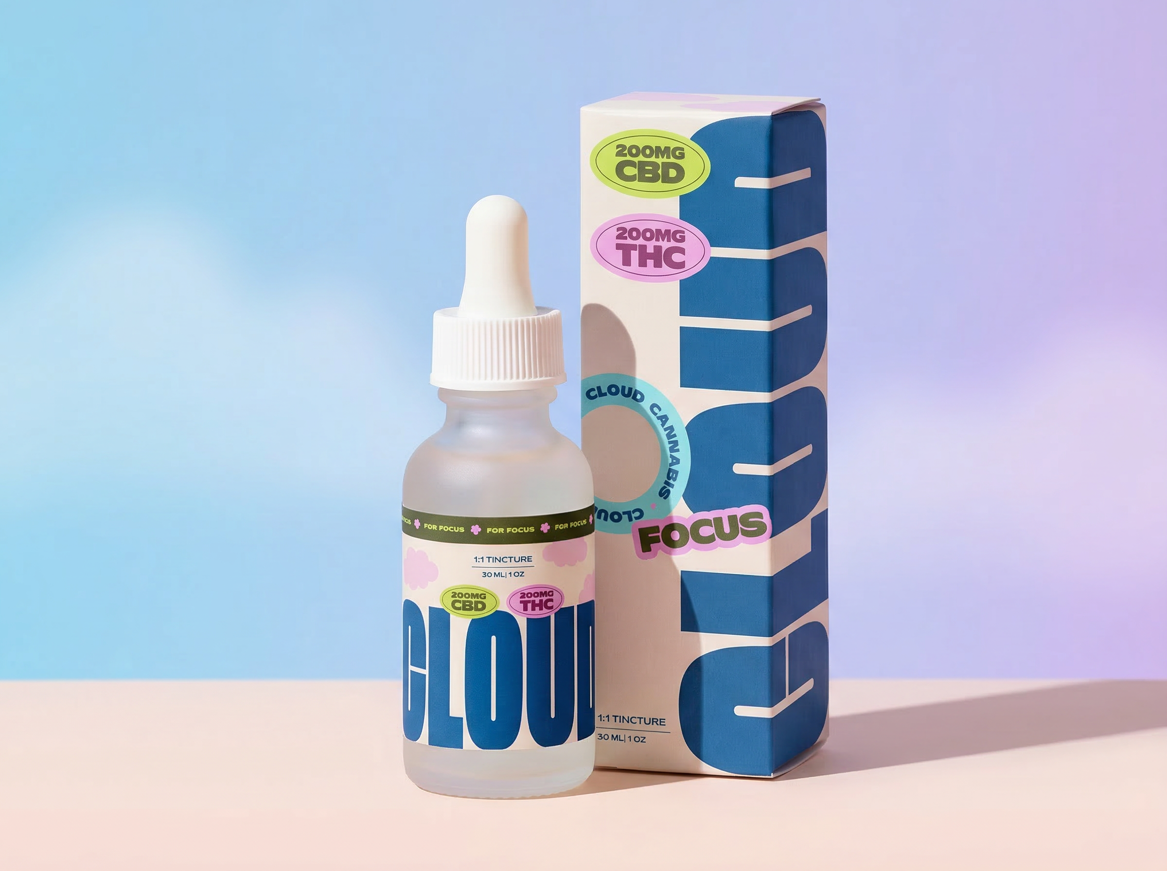 A small bottle labeled "1:1 Tincture" with 30ml capacity, placed in front of a colorful boxed product labeled "Focus" containing CBD and THC products with 200mg each, against a blue and purple gradient background.