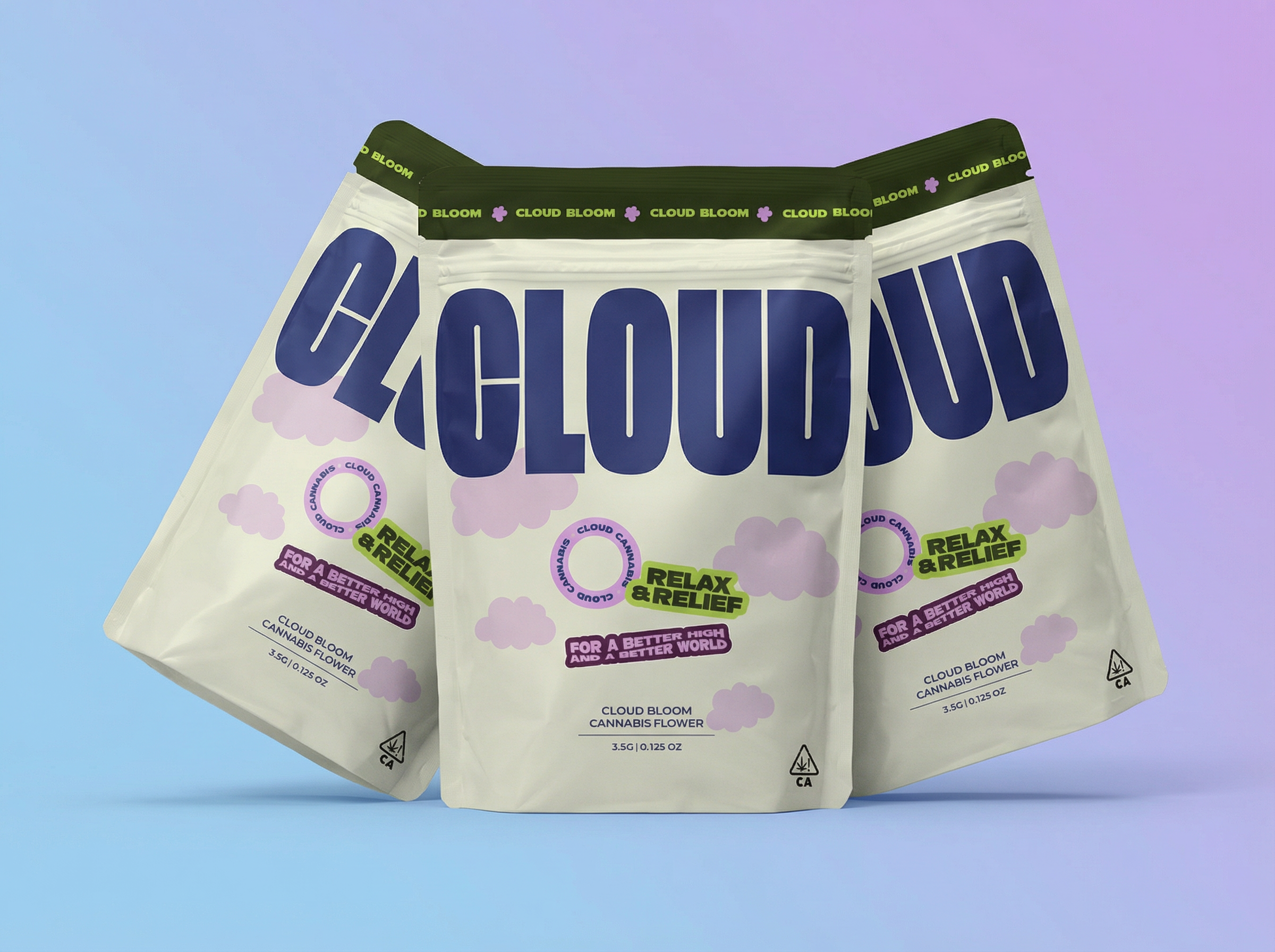 Three white packages of Cloud Bloom cannabis flower with purple clouds and text, set against a blue and purple gradient background.