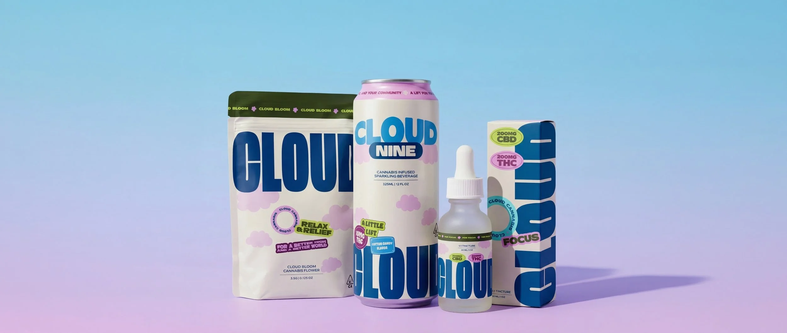 Collection of cannabis-infused products with purple and blue packaging, including a sparkling beverage, tincture, and CBD/THC capsules, branded as Cloud Nine.