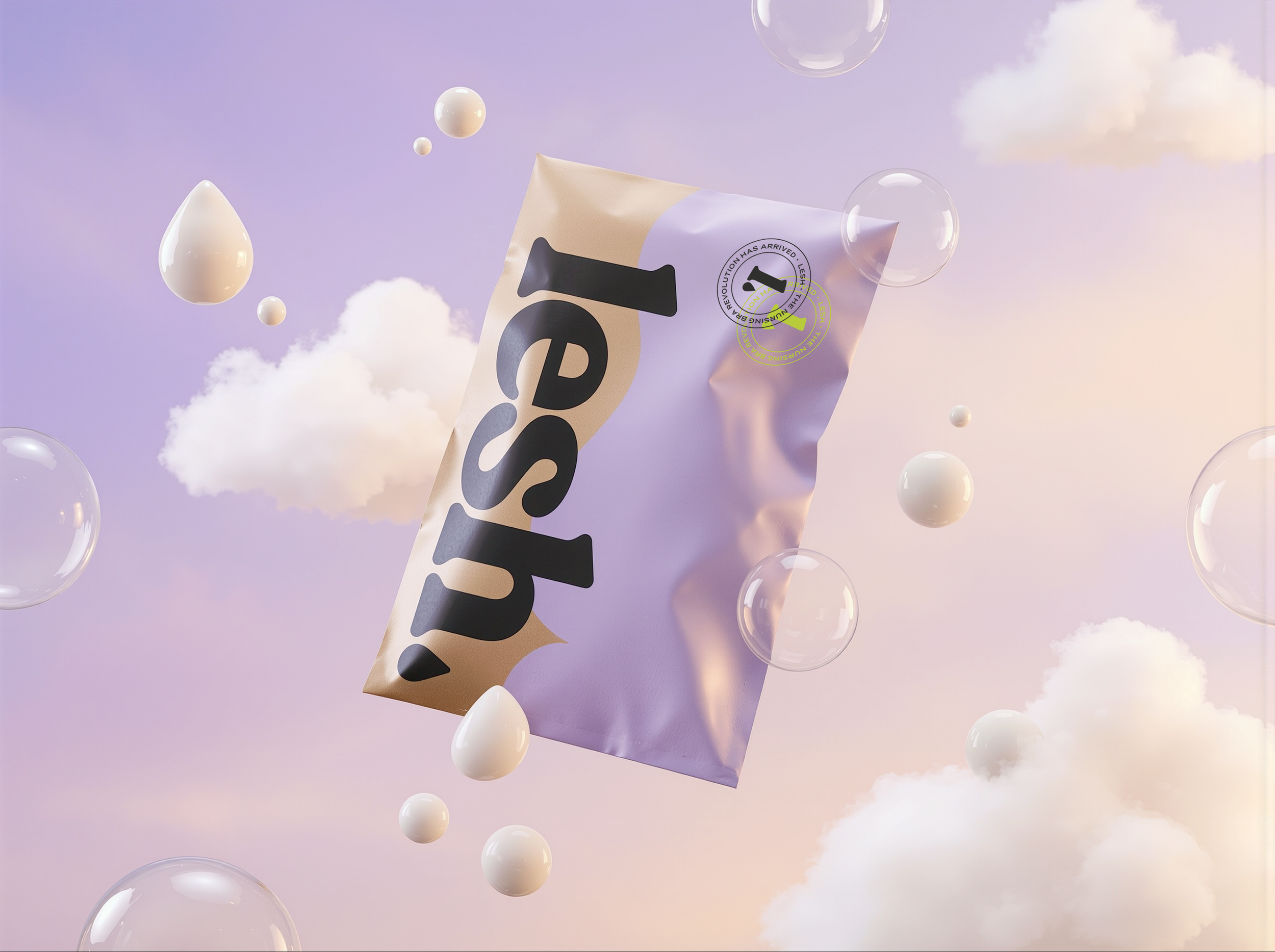 A beige and lavender protein bar wrapper with the word "rise" and a circular sticker that says "revolution has arrived" floating in the sky with clouds and bubbles.