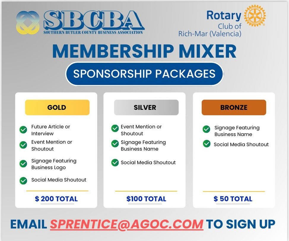 Be a sponsor for our January 18th membership mixer! Enjoy exclusive networking at the Rich-Mar Rotary &amp; Southern Butler County Business Association (SBCBA) event. Connect with professionals, exchange ideas, and explore collaboration opportunities