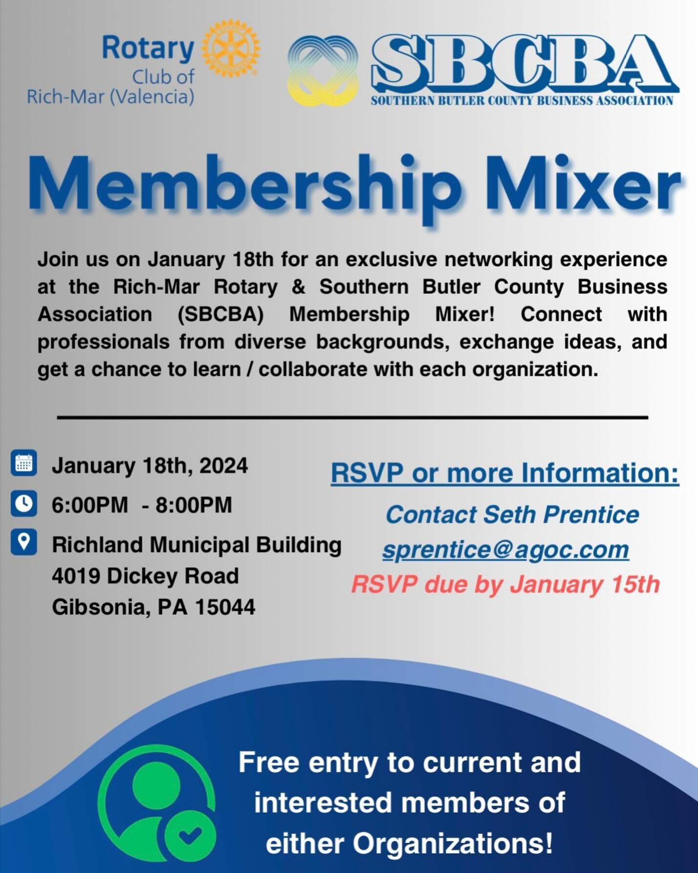 🌟 Save the date! 🗓️ Join us at the SBCBA/Rich-Mar Rotary Membership Mixer on January 18th from 6pm-8pm at the Richland Municipal Building. 🤝 Explore opportunities, connect with like-minded individuals, and be a part of something special! For more 