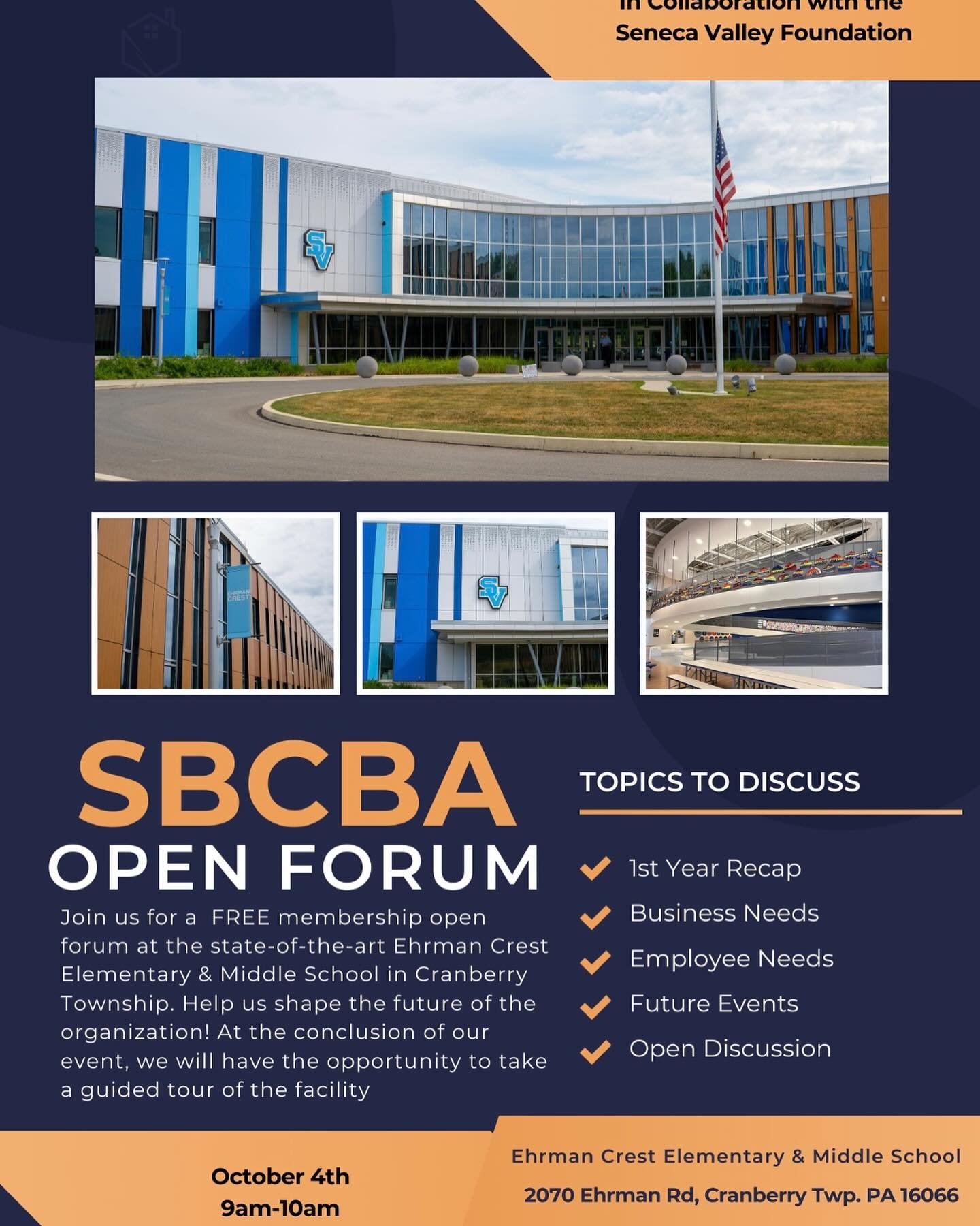 Join Us for the SBCBA Open Forum!

We&rsquo;re excited to partner with the Seneca Valley Foundation for an insightful event at the state-of-the-art Ehrman Crest Elementary School. 🏫✨

📅 Friday, October 4th 
⏰ 9AM-10AM 
📍 Ehrman Crest Elementary Sc