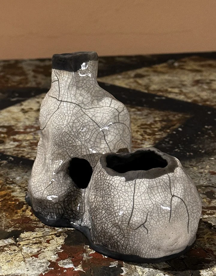 Two Sisters Trying to Exist, Ever Since…, Ceramic raku fired, 12x 6x 4”, 2023
My sister and I have become closer to one another after our mother's passing. She and I support each other in unconventional ways, we have our cracks and missing pieces but
