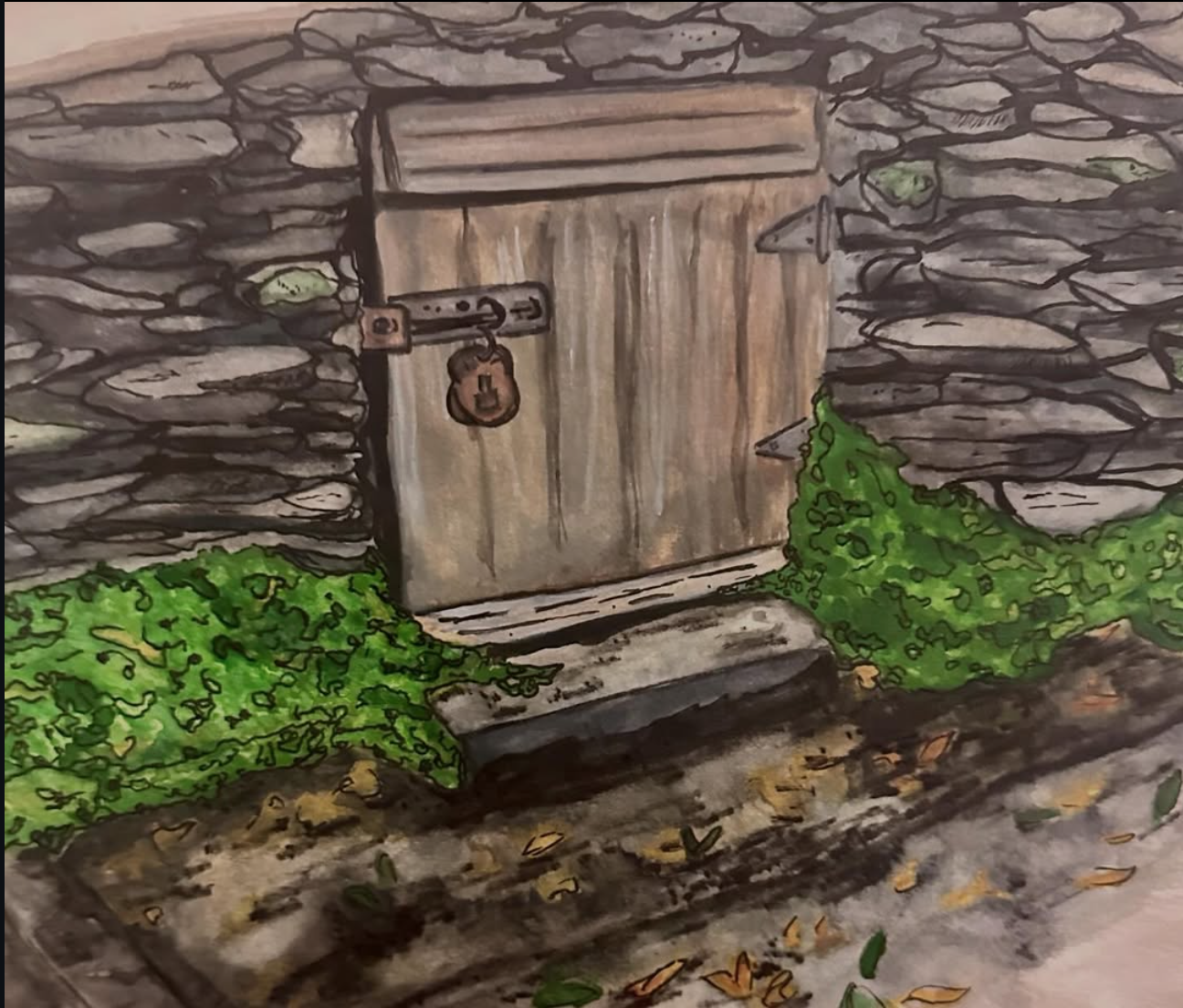 The Door, Watercolor and ink on mixed media paper about 8x10”