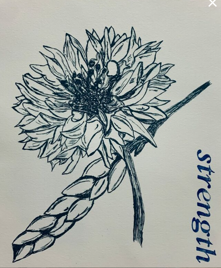 Strength, Lithograph, 10x8", 2022
The blue corn flower here represents my husband and all that he has done through our time together. This was more of a tribute to him. 