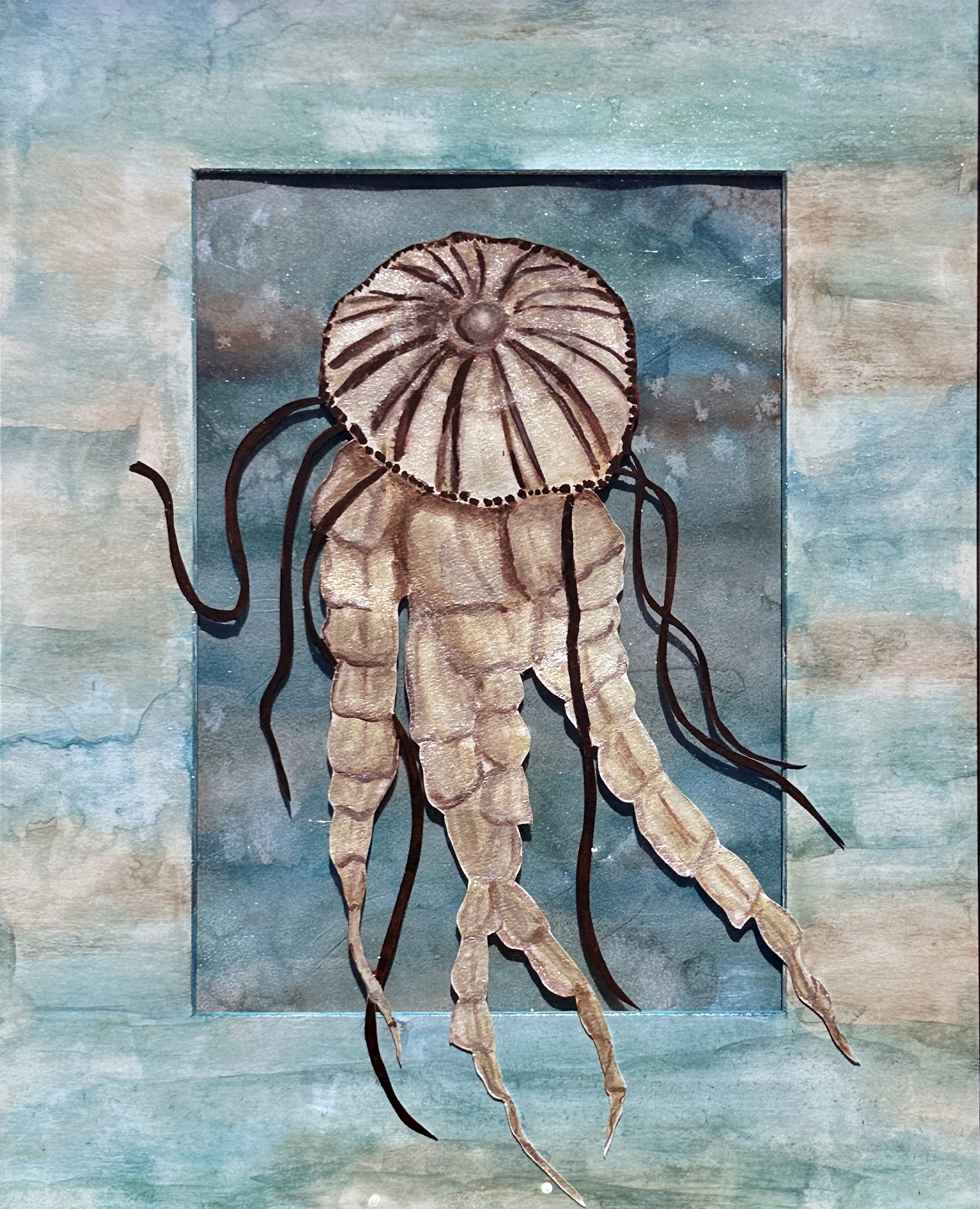 Compass Jelly, collage of cut image and transparent paper with watercolor, paint pen and ink, 9.5x7.5"