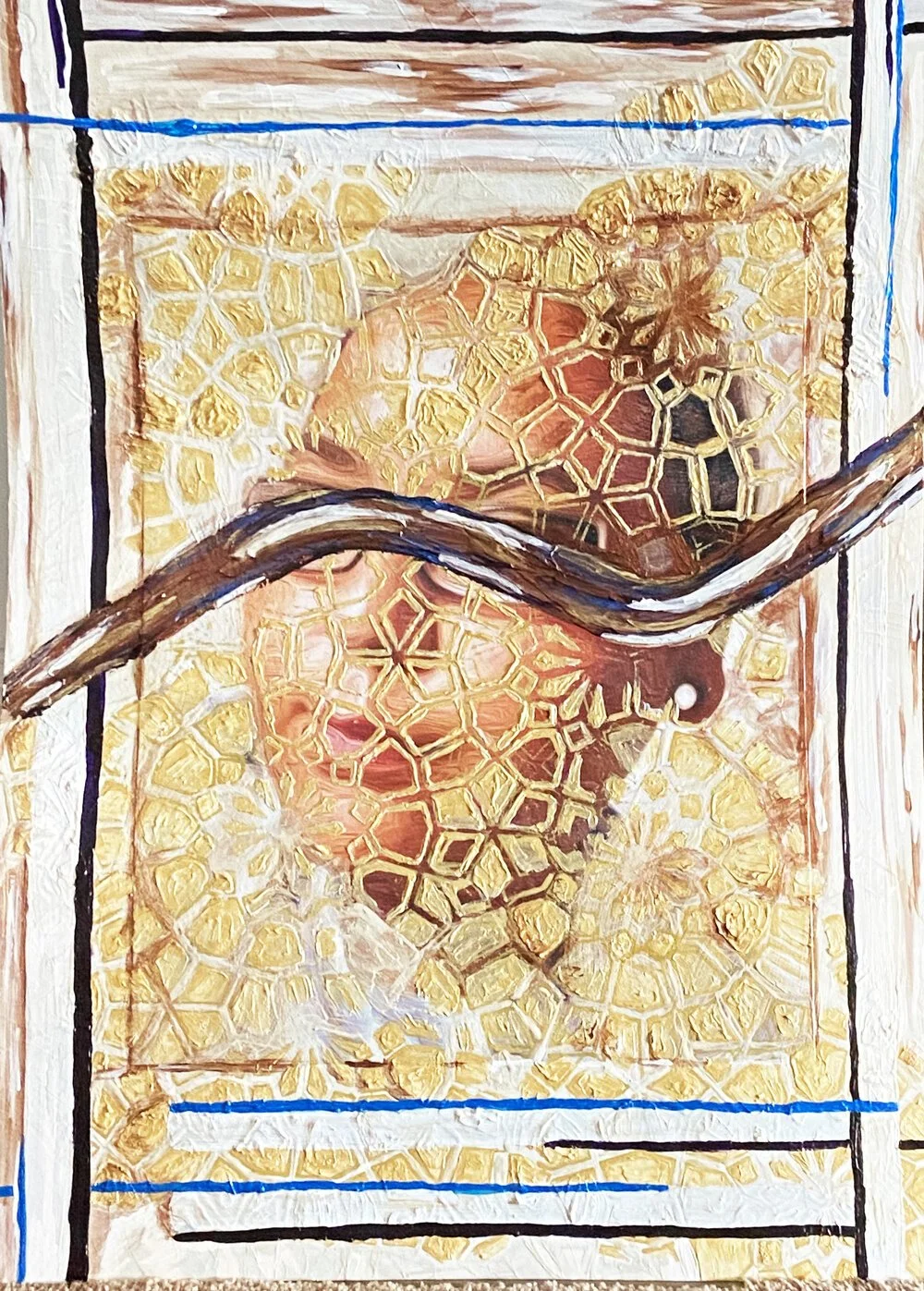 Unseen
Mixed media photograph with acrylic
30" x 22" x 0.0"
2020
Unseen is based on Islamic tapestry, layered with a self-portrait. After her death I wanted to know more about my identity so I looked at different aspects of my life. My father's cultu