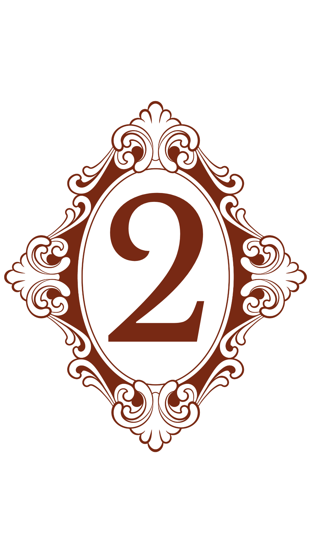 Number two inside a decorative brown oval frame with ornate scrollwork on a black background.