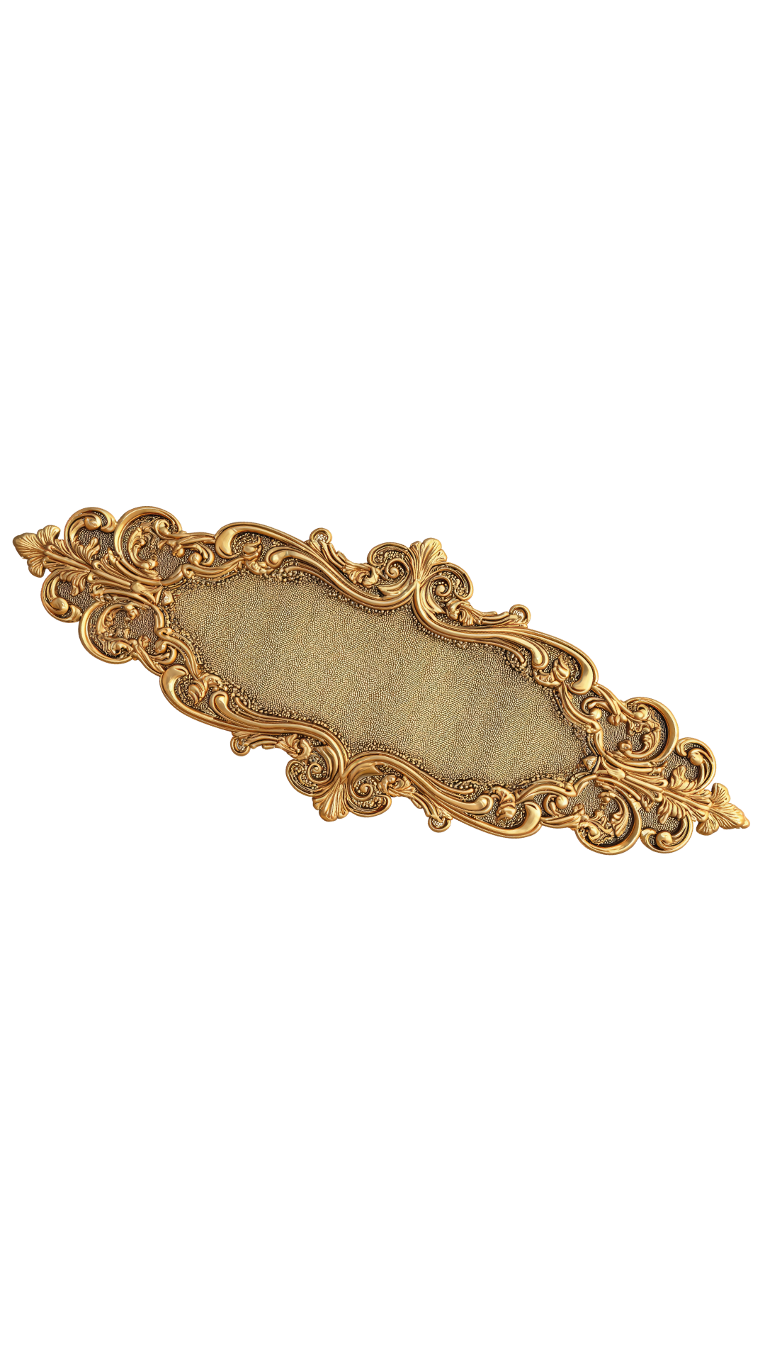 An ornate gold decorative frame with intricate scrollwork and leaf patterns, shaped like an elongated oval.