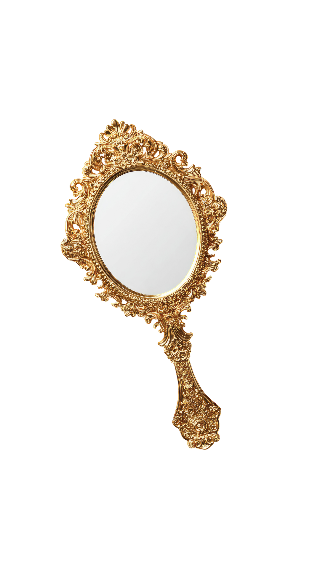An ornate, gold-colored hand mirror with intricate floral and scroll designs on the handle and frame, and a plain reflective surface.