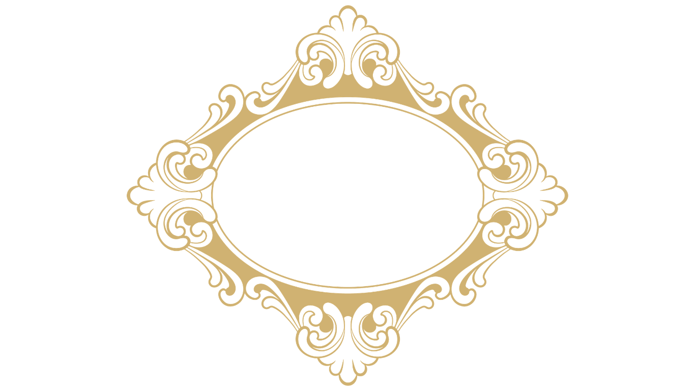 Elegant ornate gold frame with black background and empty oval center.
