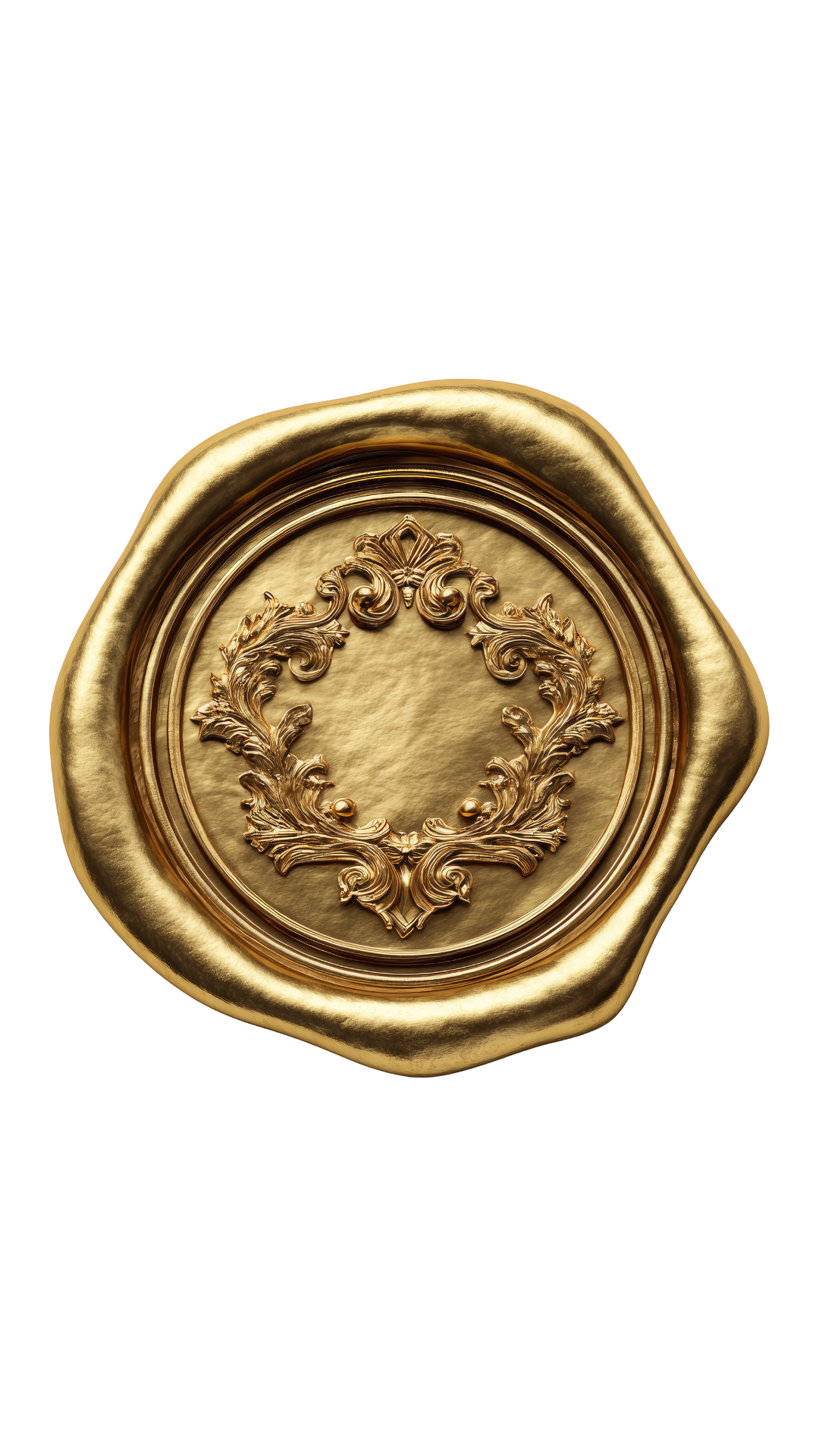 A close-up of an ornate, gold wax seal with intricate floral designs on its face, set against a dark background.