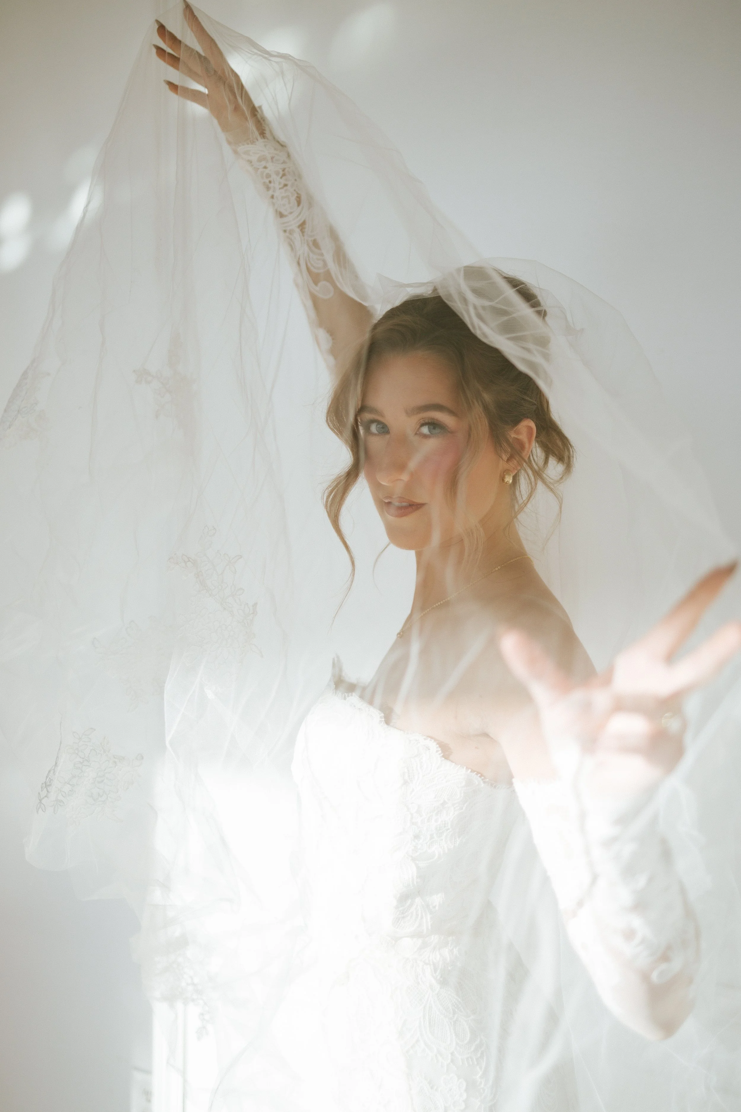 A woman in a wedding dress holding a veil above her head with a soft focus background.