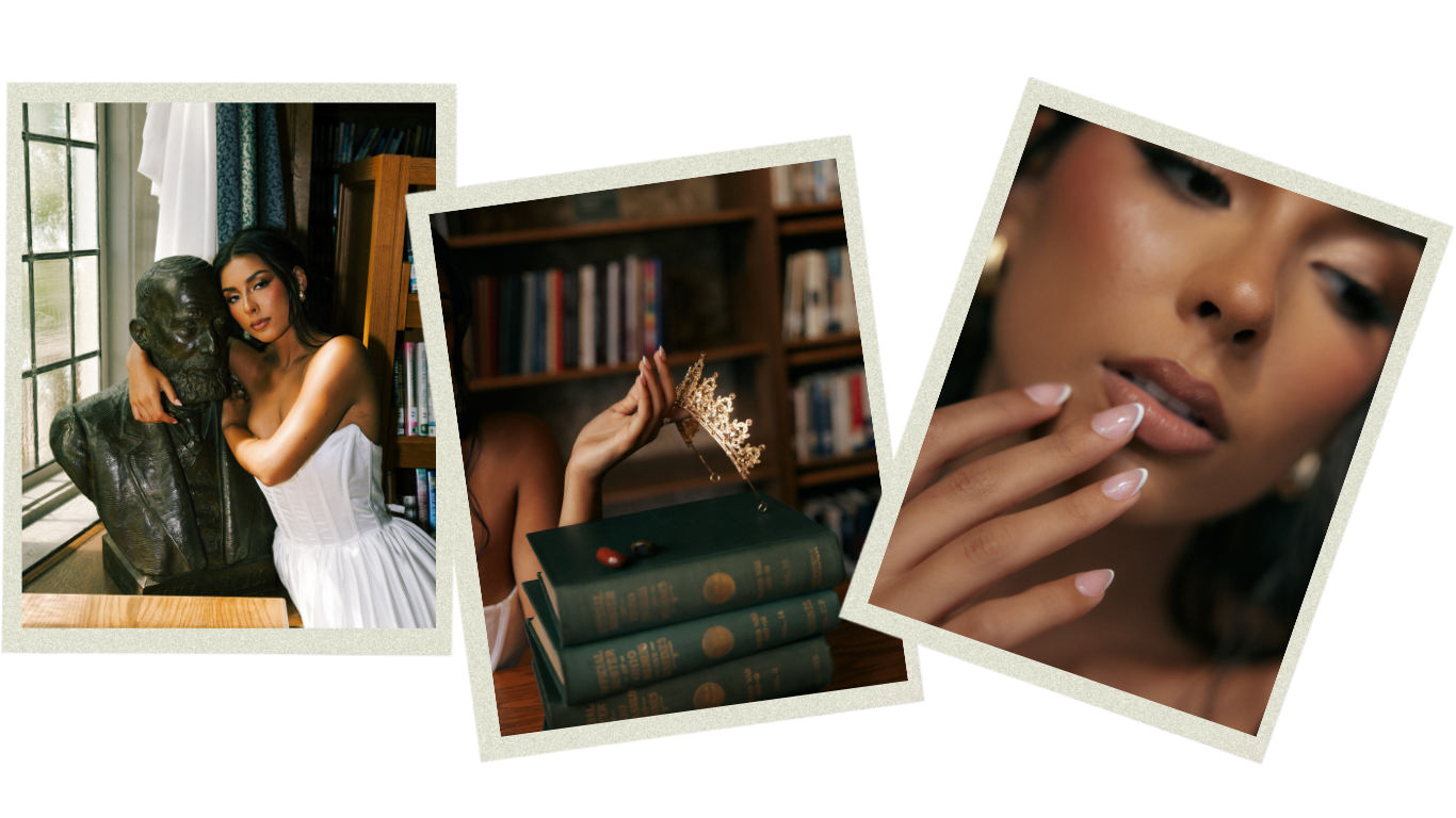 A collage of three images: First shows a woman with long dark hair in a white dress sitting next to a bronze bust sculpture of a man in a library. Second depicts a woman’s hand holding a gold tiara above a stack of green books in a library. Third is a close-up of a woman with makeup touching her lips with her fingers.