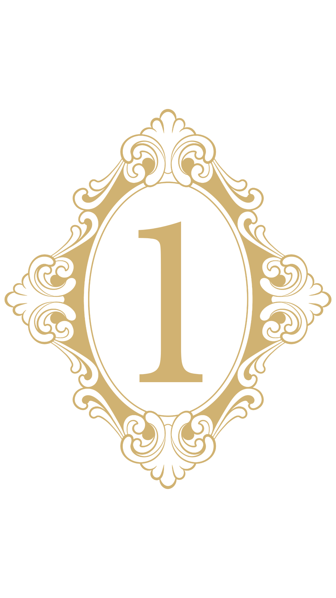Golden ornate frame with the number one in the center on a black background.